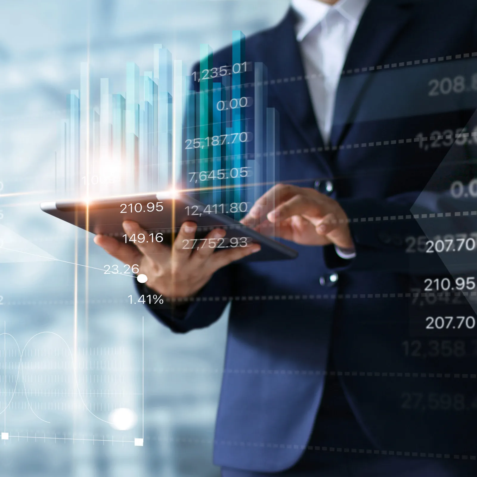 Business professional analyzing data trends on a tablet, financial graphs and charts in the background.