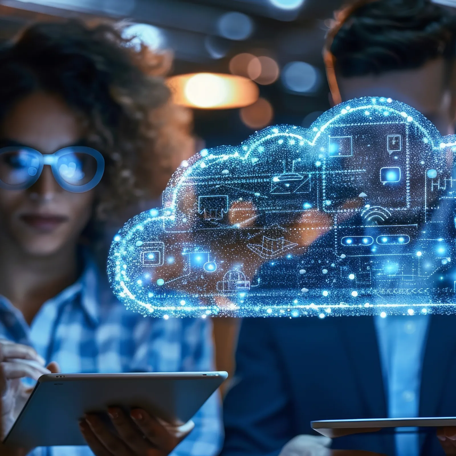 Two professionals working with digital cloud technology on tablets.