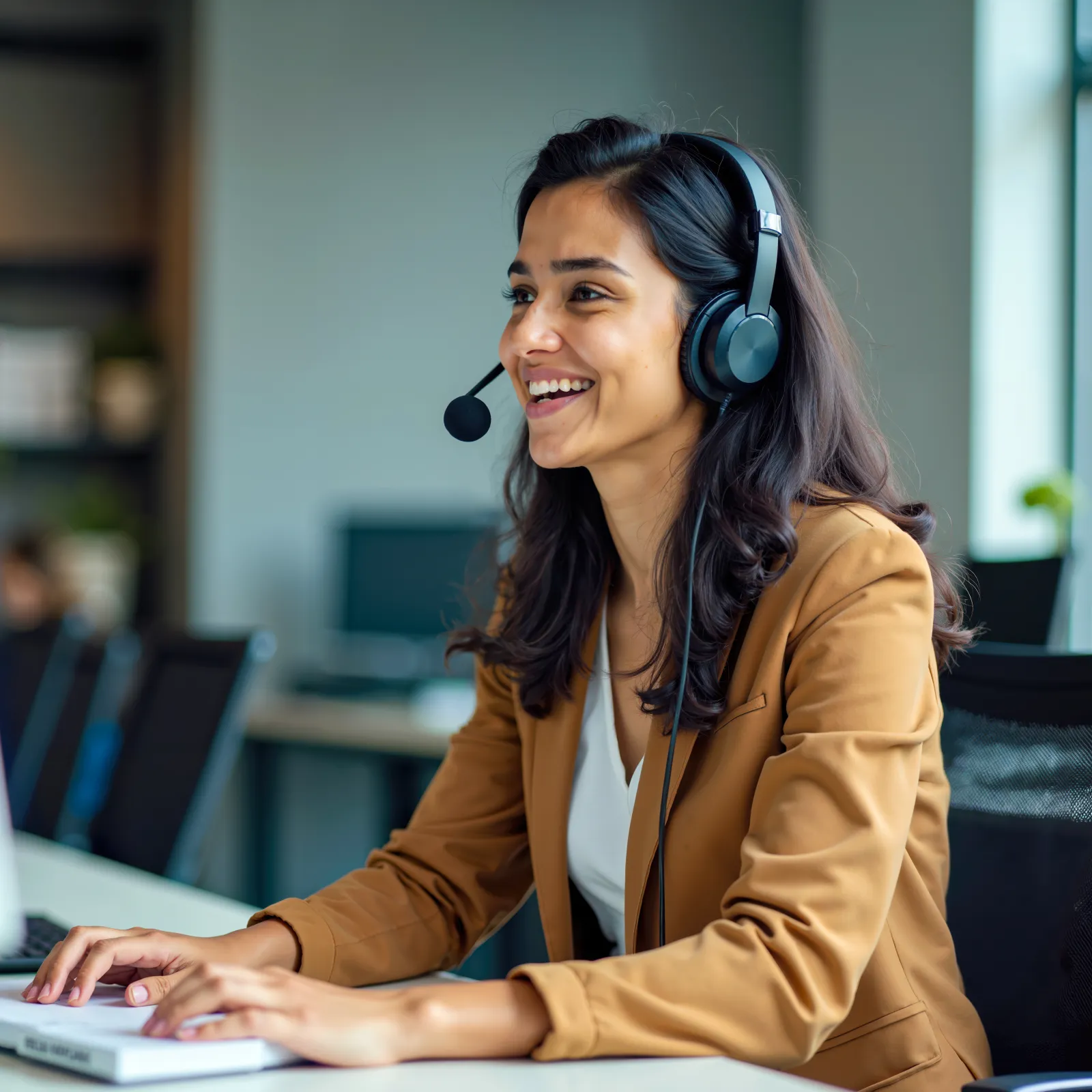 A smiling woman with a headset working at a computer in a modern office environment.