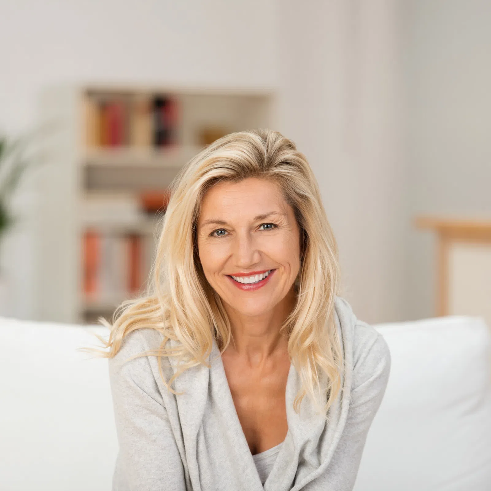 Smiling blonde woman sitting on white couch in a bright, modern living room with bookshelves and plants.