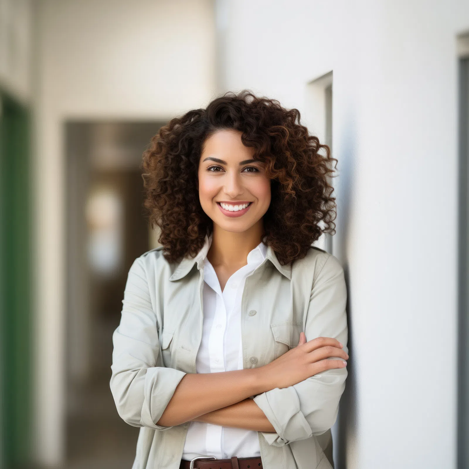 Smiling woman with curly hair wearing a white shirt and light jacket standing with arms crossed indoors
