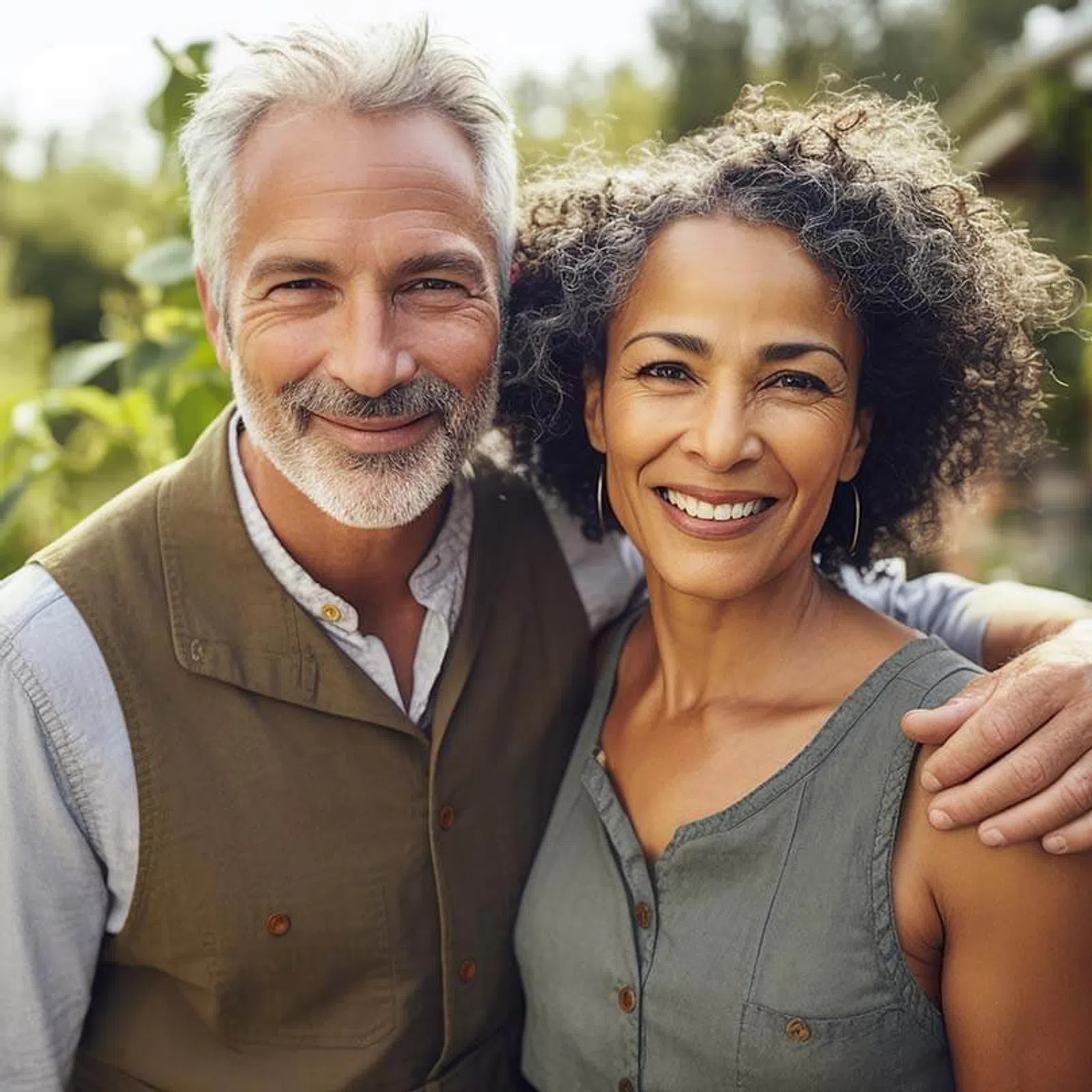 Smiling middle-aged couple outdoors with the man’s arm around the woman, natural background with greenery.