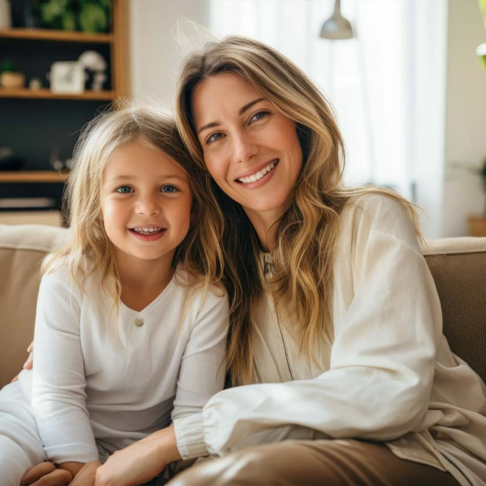 Smiling mother and daughter sitting closely on a couch in a cozy, well-lit living room setting.