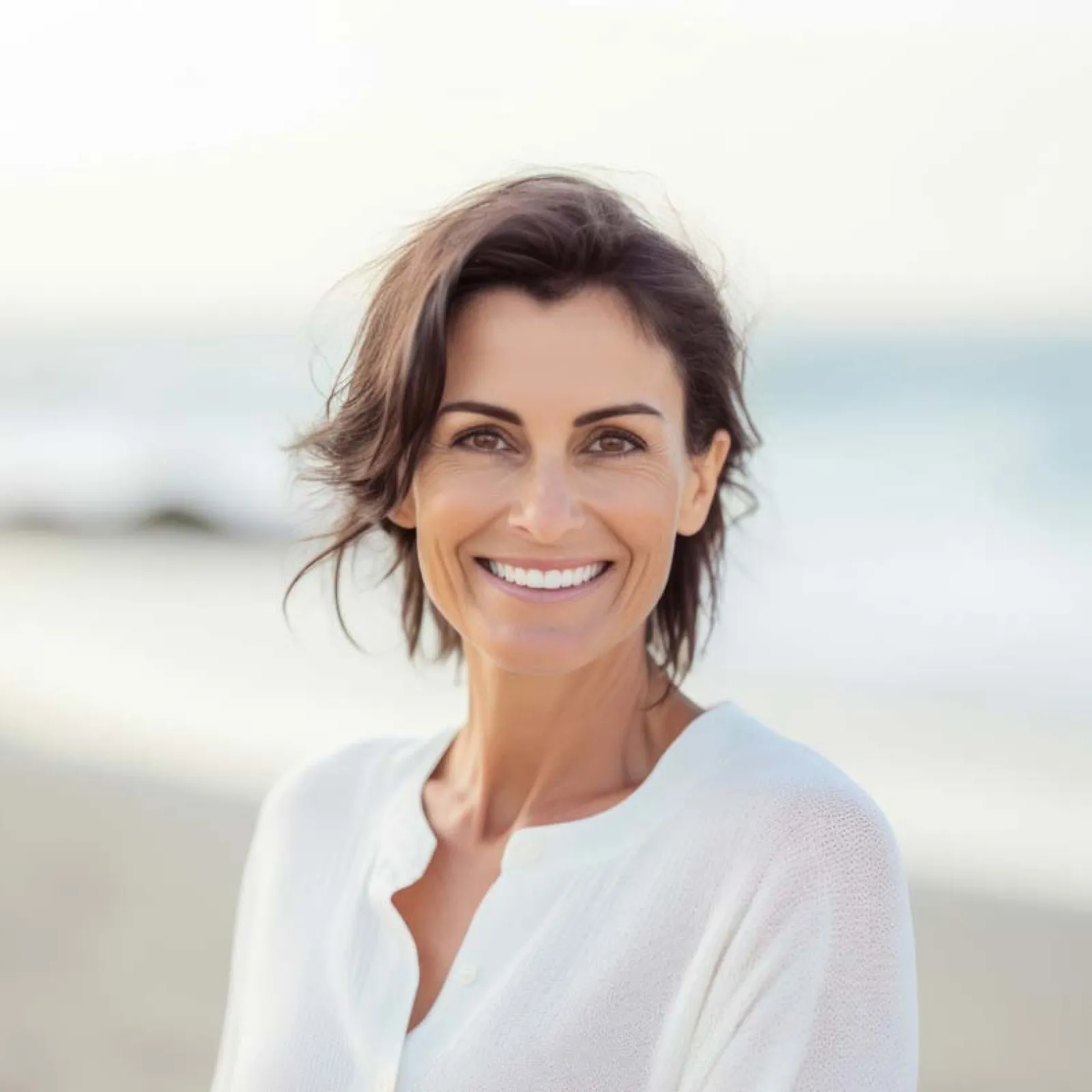 Smiling woman with short brown hair wearing a white blouse at the beach with soft background.