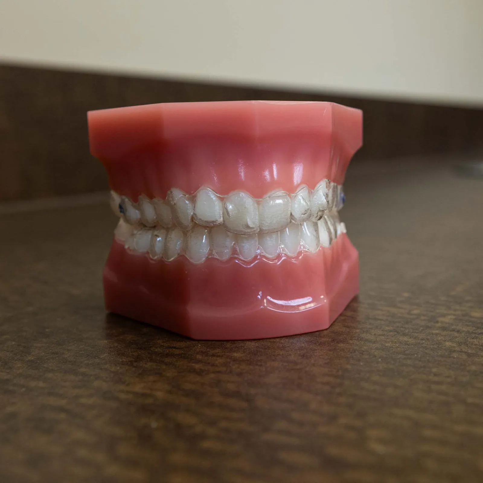 Dental model with clear aligners on teeth placed on a brown surface against a white background