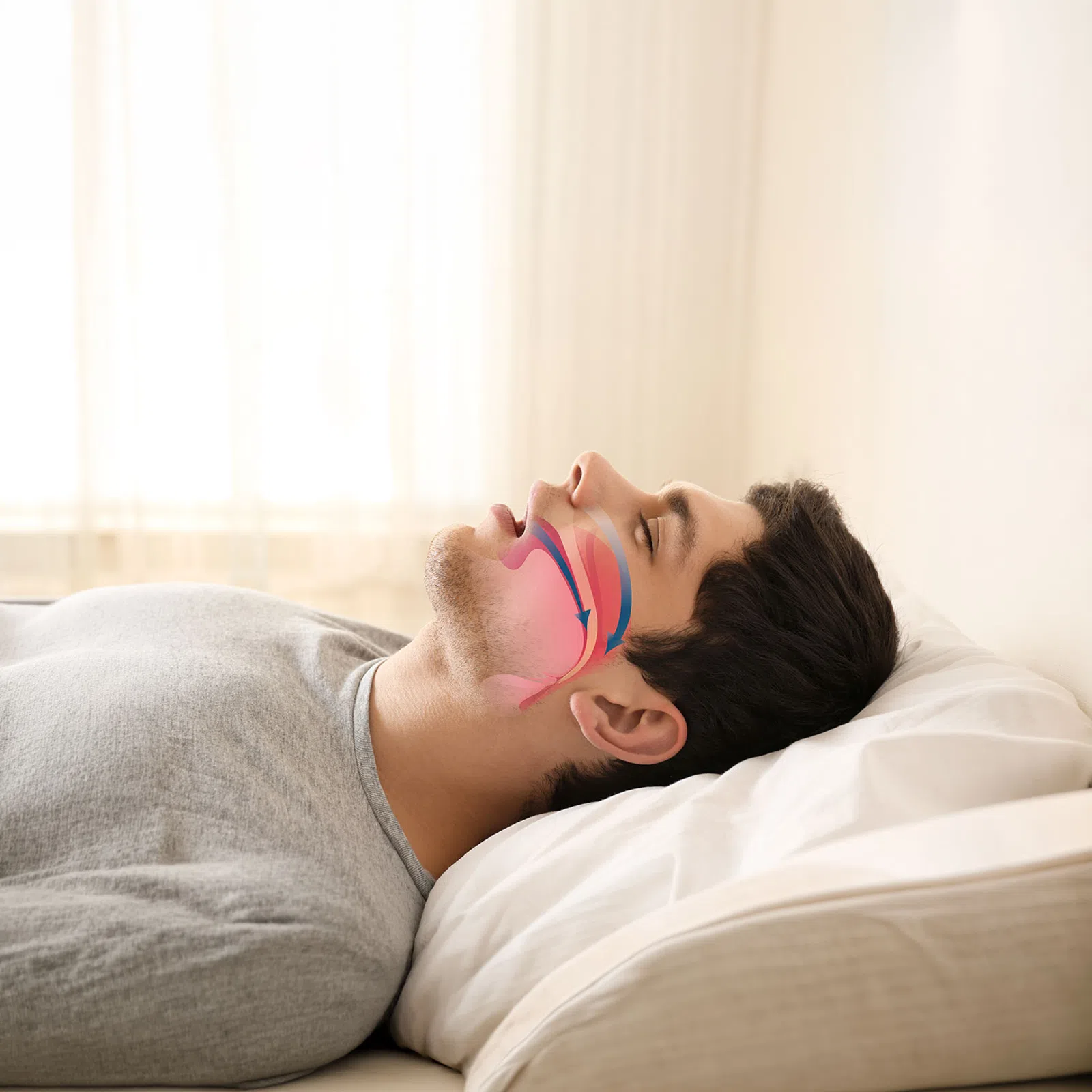 Side view of man lying on bed with airway diagram illustrating sleep apnea or breathing obstruction.