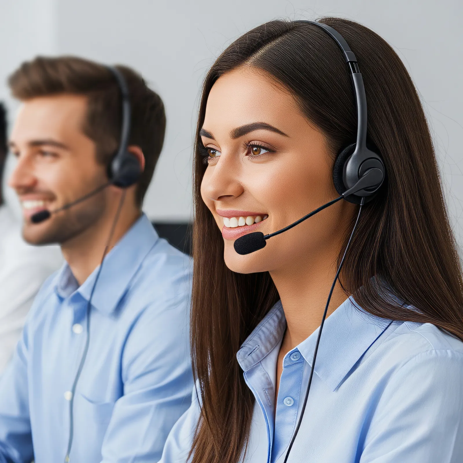 Customer service team wearing headsets working in a modern call center office with focused expressions.