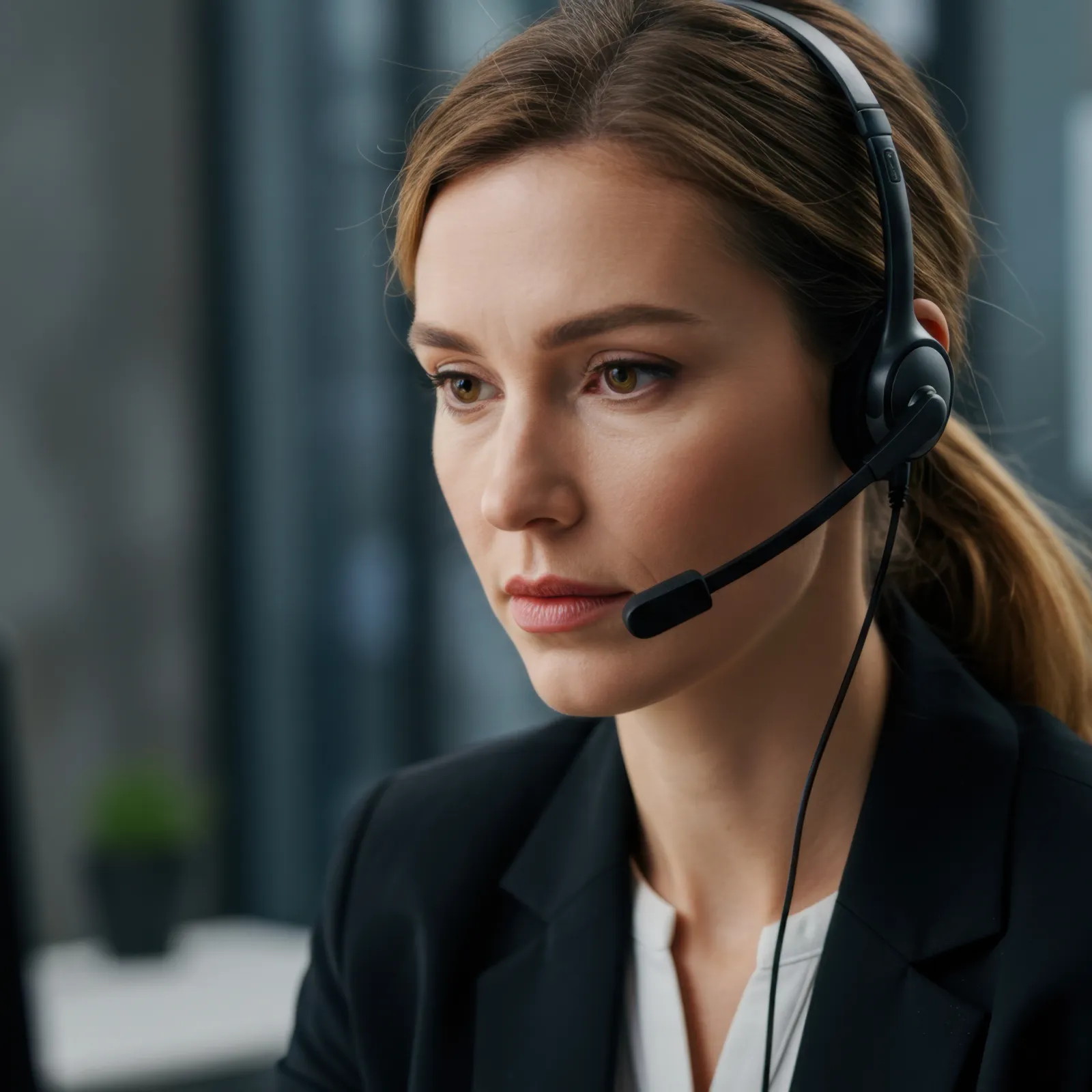 Focused call center agents wearing headsets working on computers in a modern office environment.