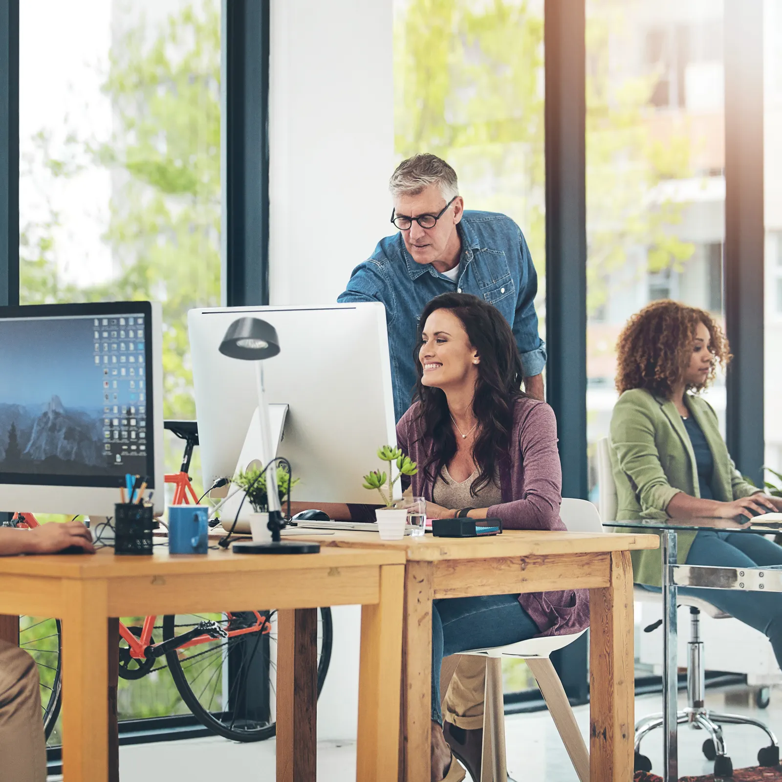 Collaborative diverse team working on computers in bright modern open office with large windows and natural light