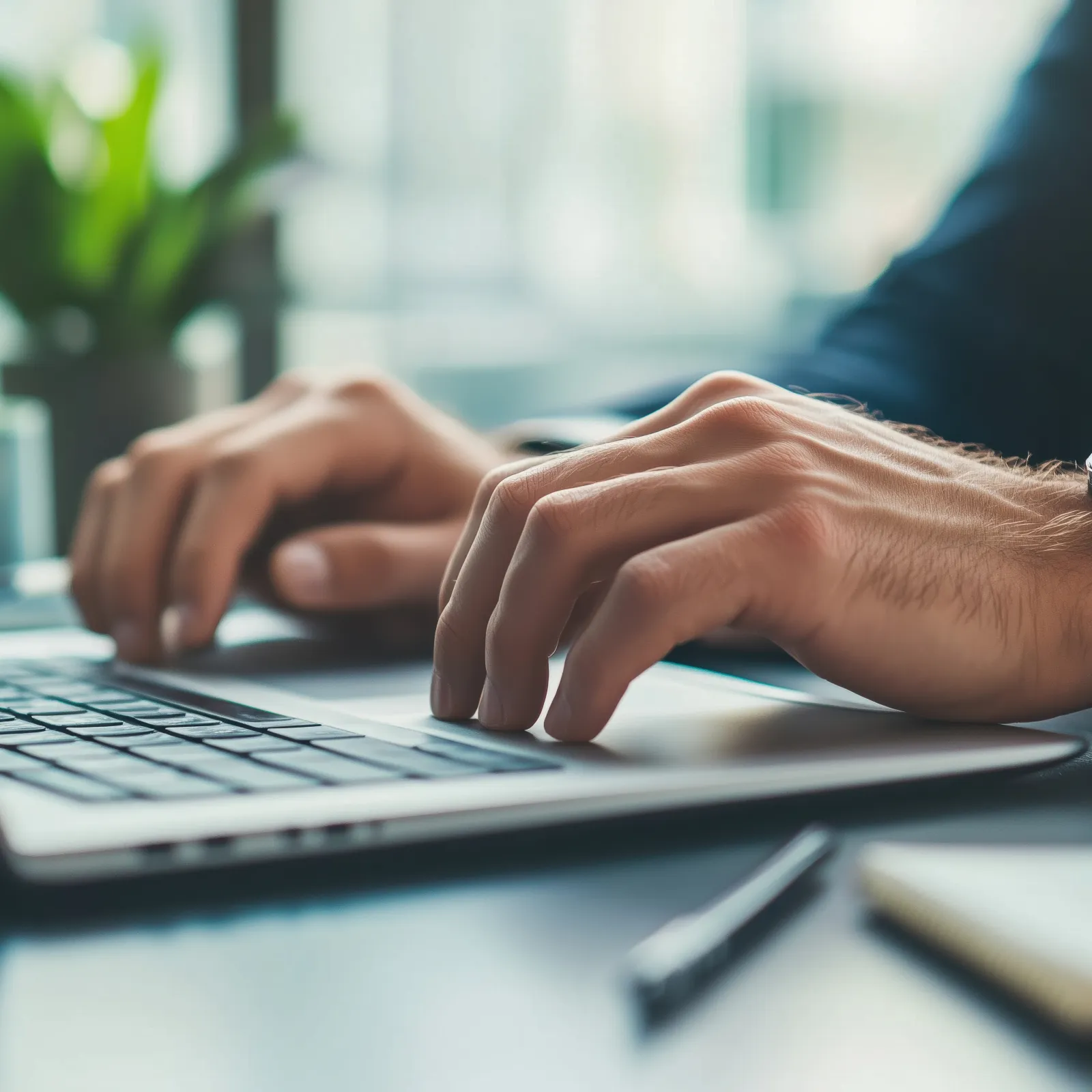 Businessman typing on laptop keyboard in modern office with plant and notebook in background