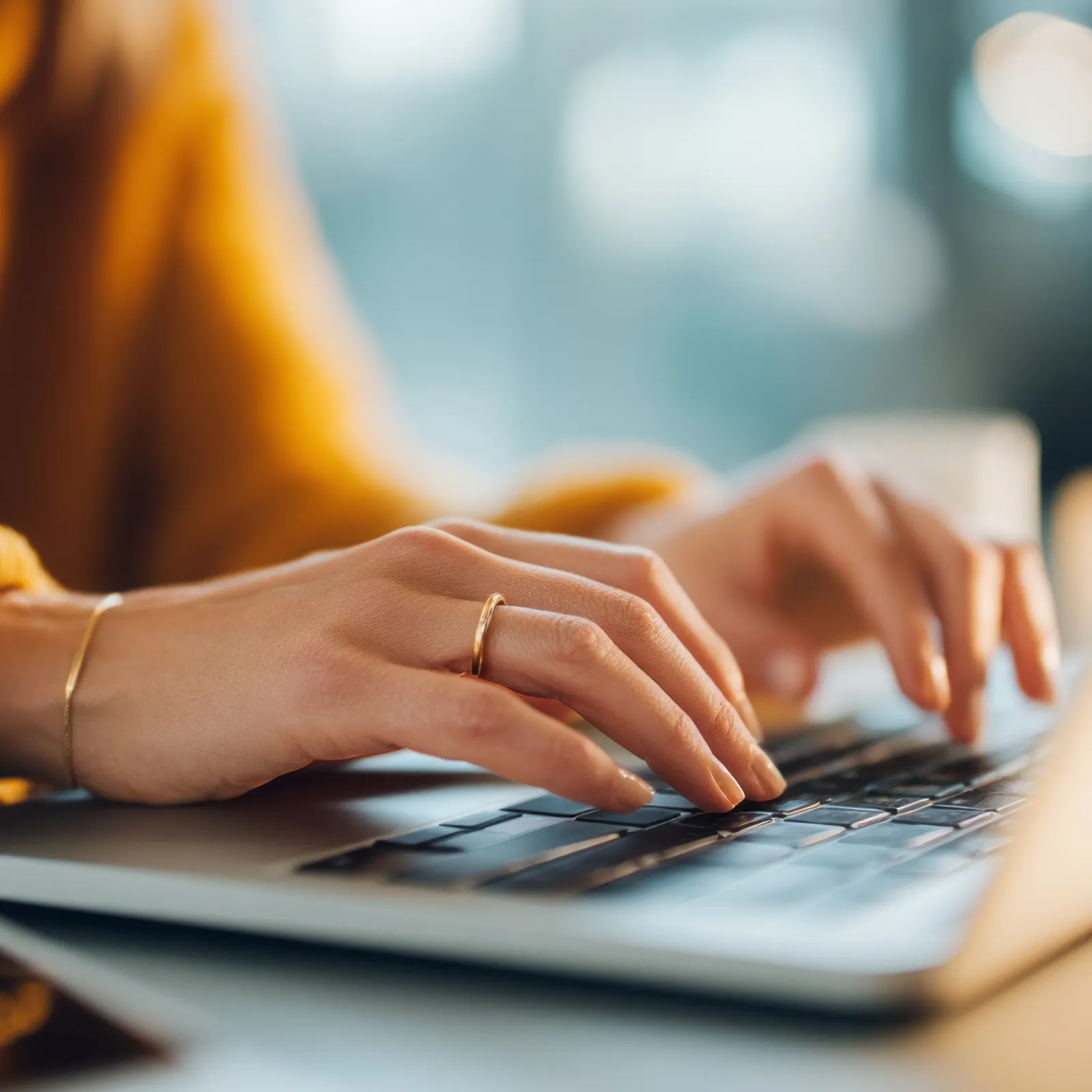 Close-up of hands typing on a laptop keyboard with a blurred background in warm lighting.