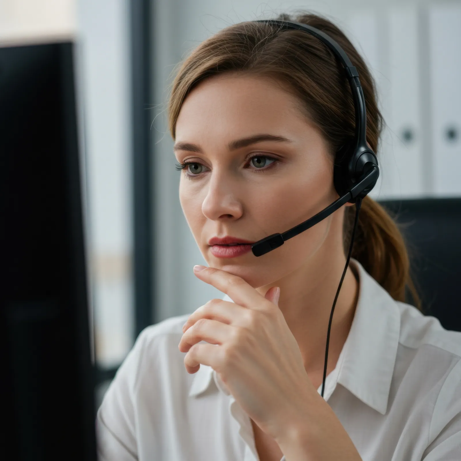 Focused woman wearing headset working at computer in modern office setting providing customer support.