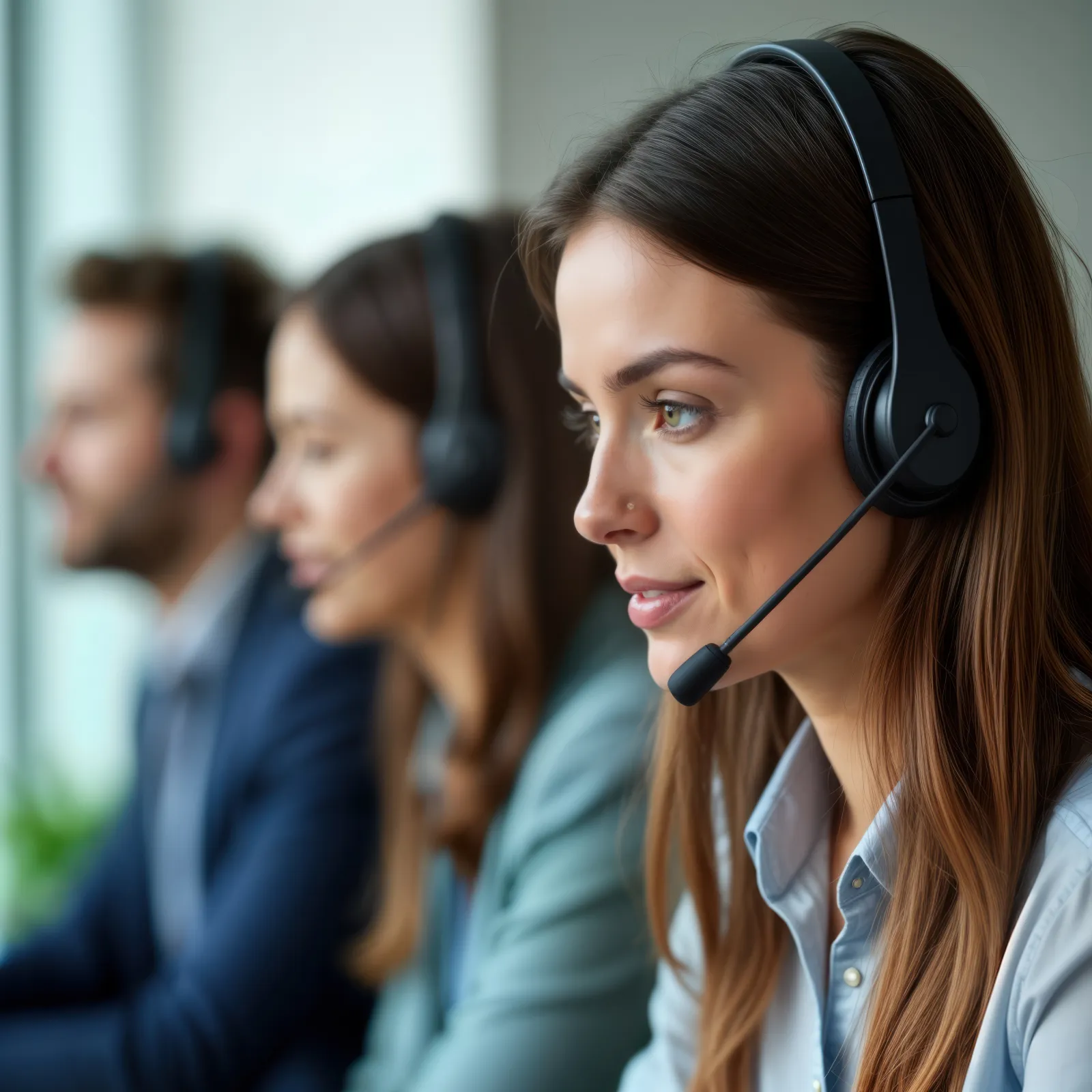 Customer service team wearing headsets working in a modern call center office with focused expressions.