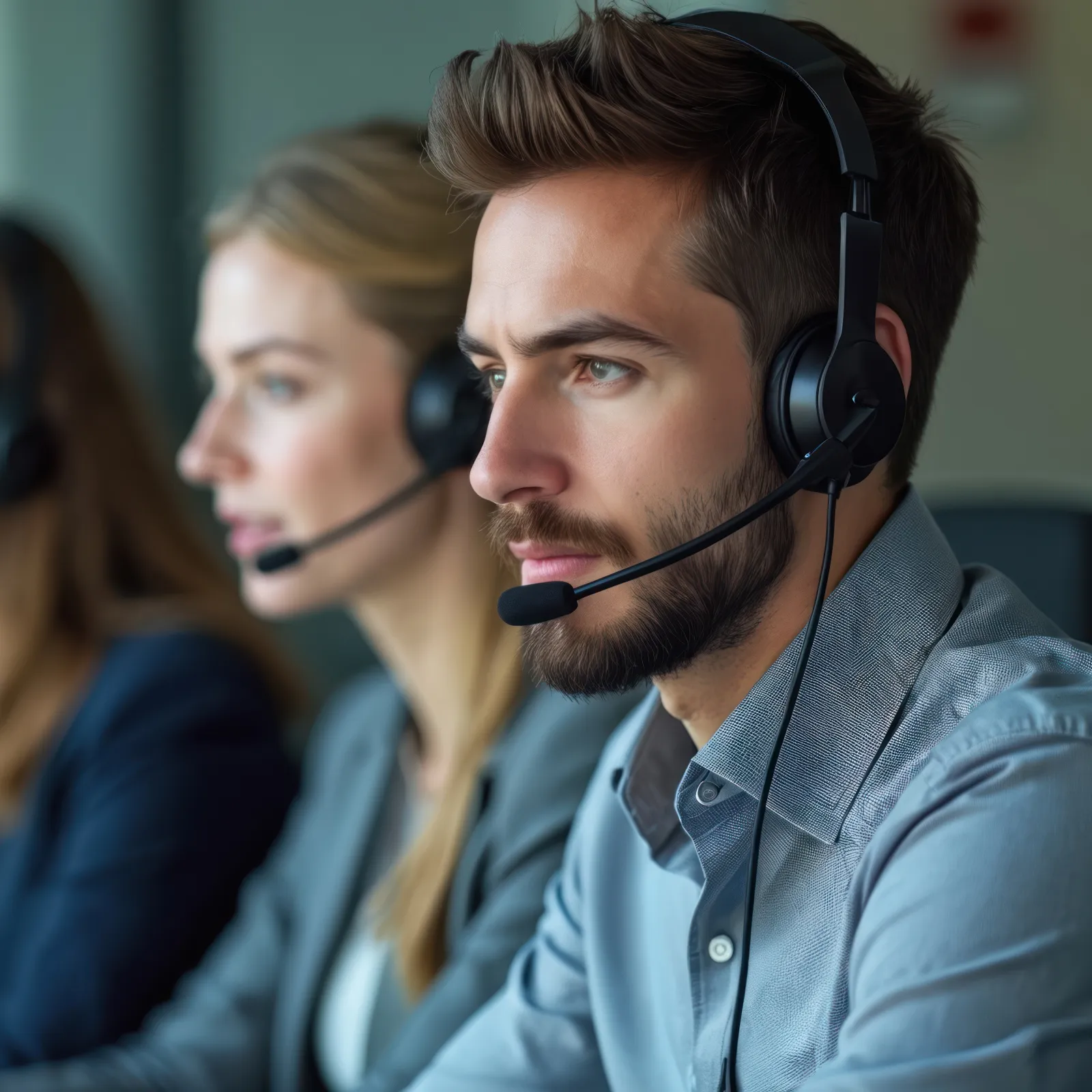Focused call center agents wearing headsets working on computers in a modern office environment.
