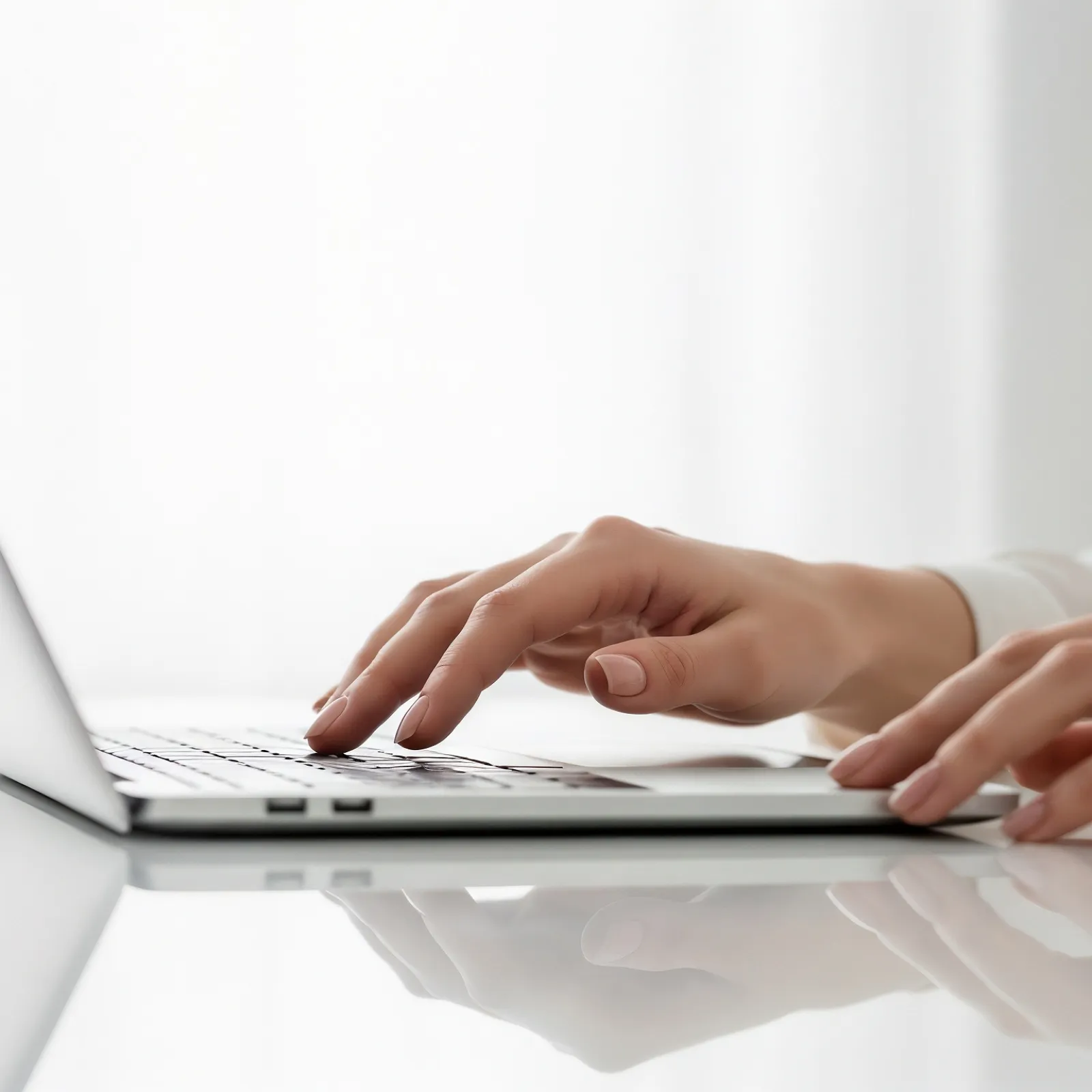 Person typing on a laptop with white background and reflective surface showing hands on keyboard.