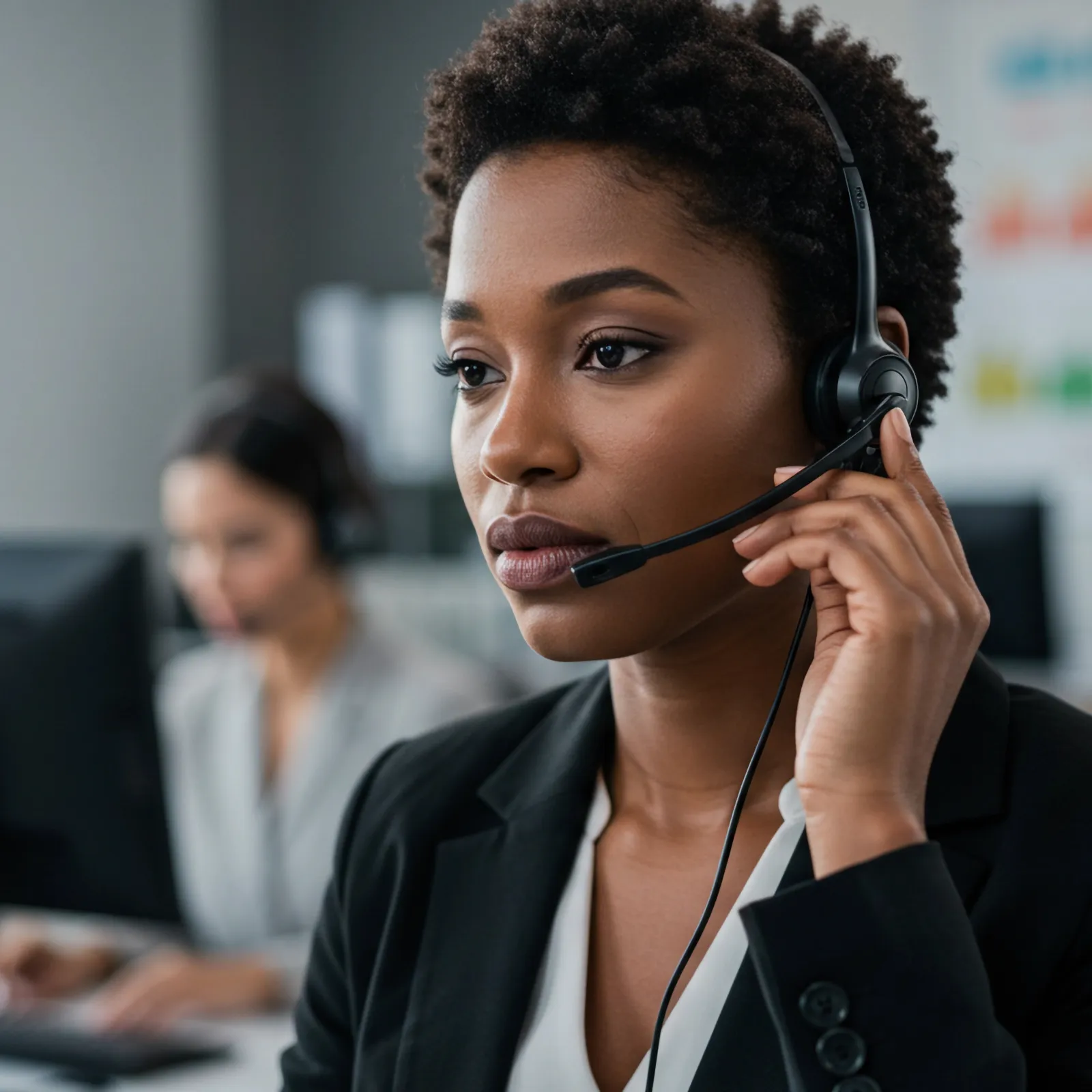 Focused customer service representative wearing headset working in office with colleagues in background