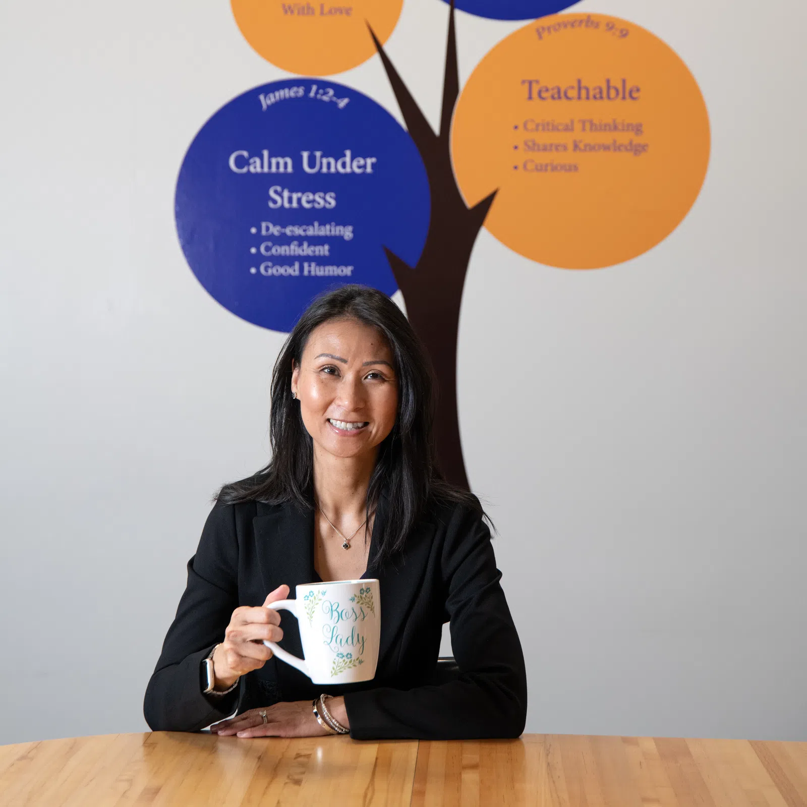 Woman sitting at a table with a coffee mug, surrounded by inspirational tree graphics on the wall.