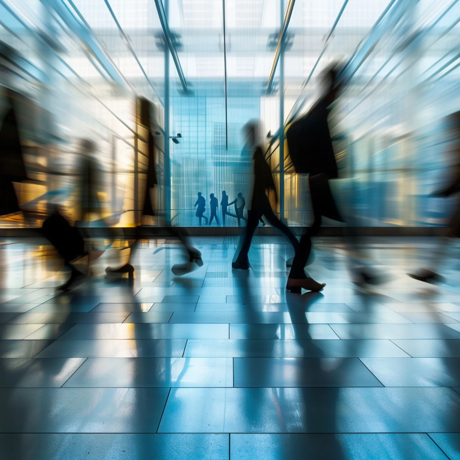 Blurred silhouettes of people walking in a modern glass hallway with reflective floor and natural light.