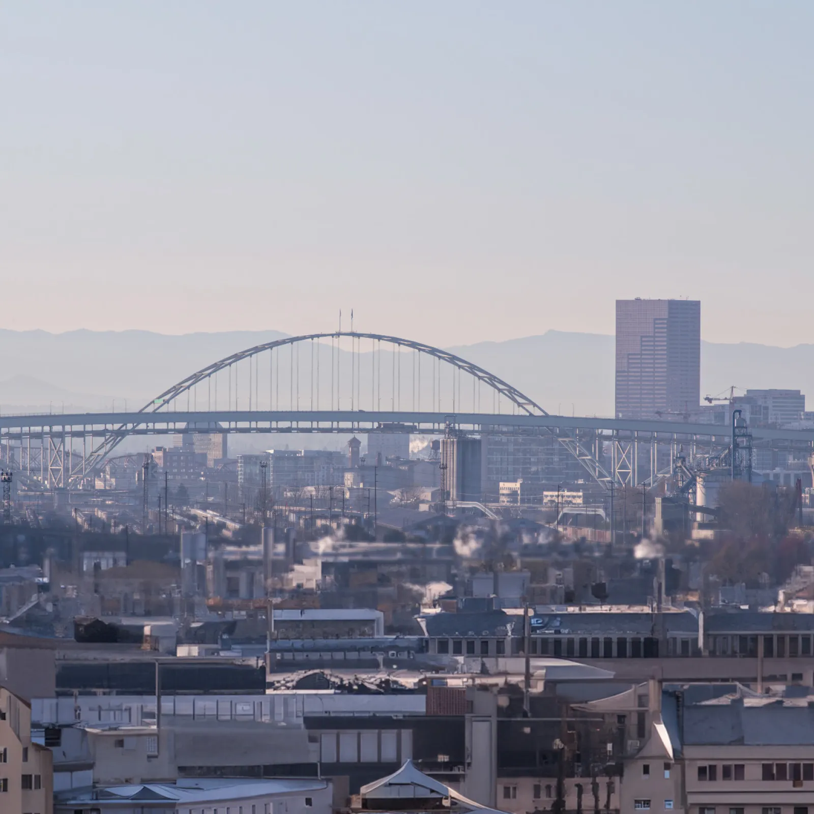 Cityscape with a large arched bridge, tall buildings, and distant mountain range under clear sky.