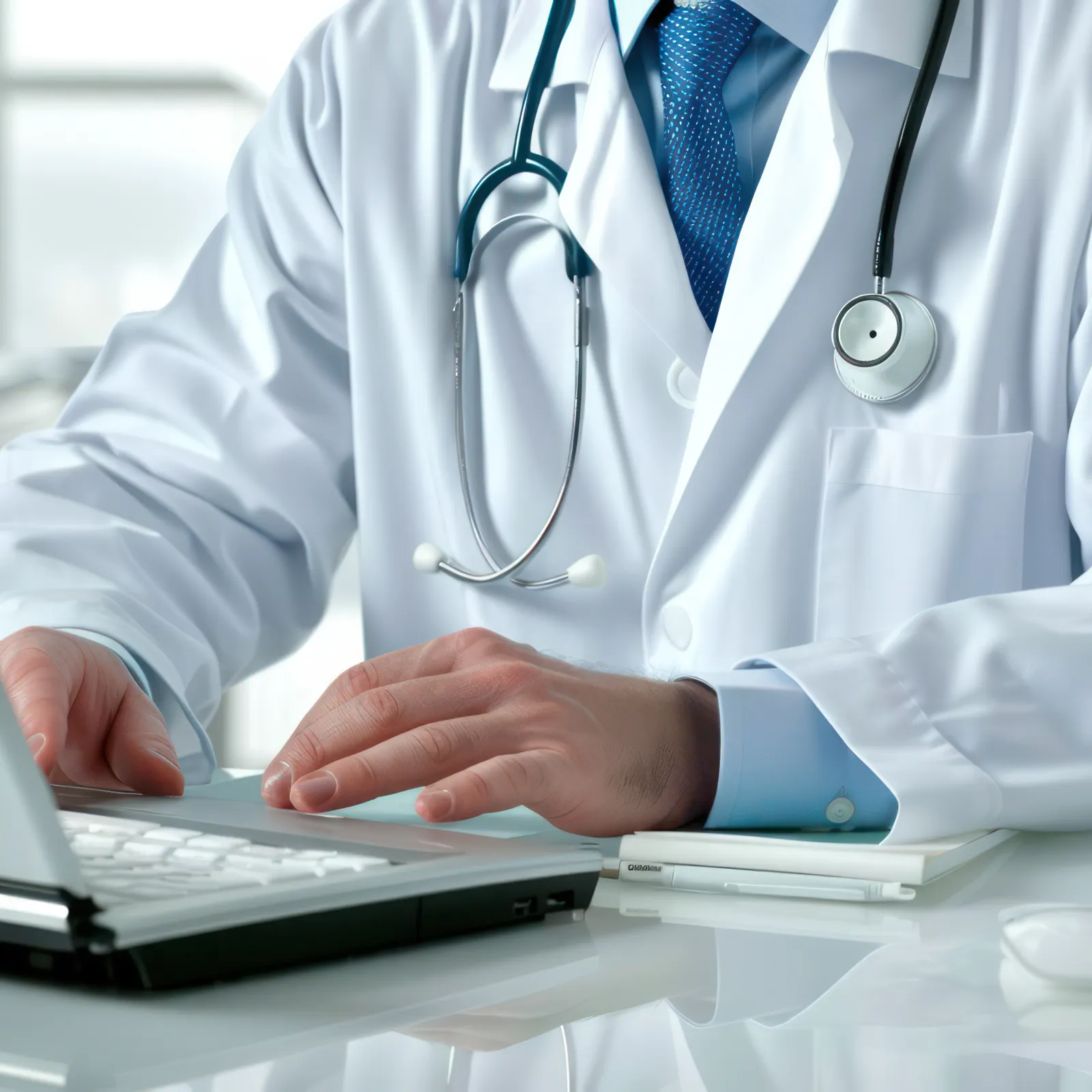 Doctor in white coat with stethoscope working on laptop in modern medical office environment