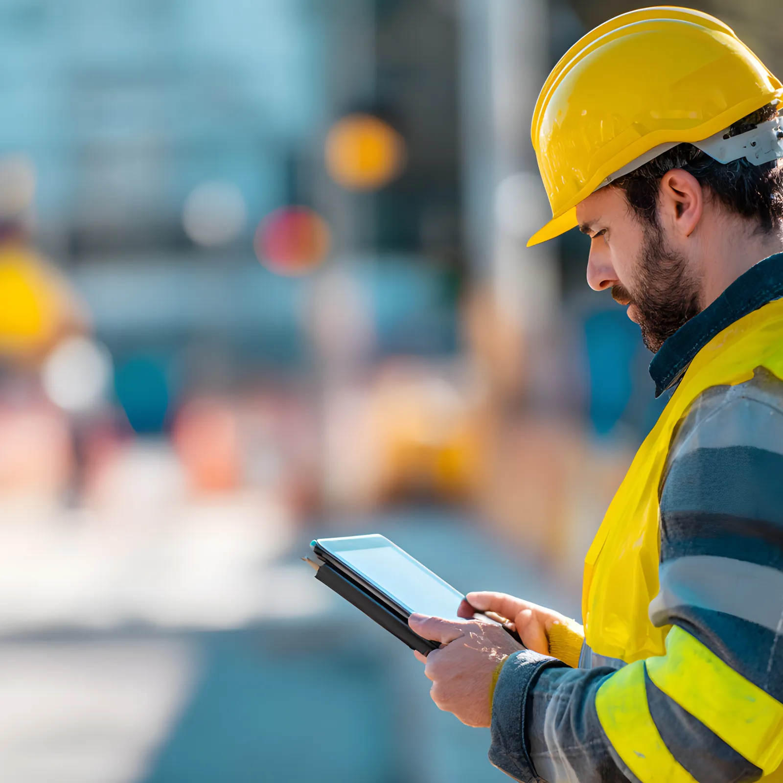 Construction worker in safety gear using a tablet at an active urban building site during daytime.