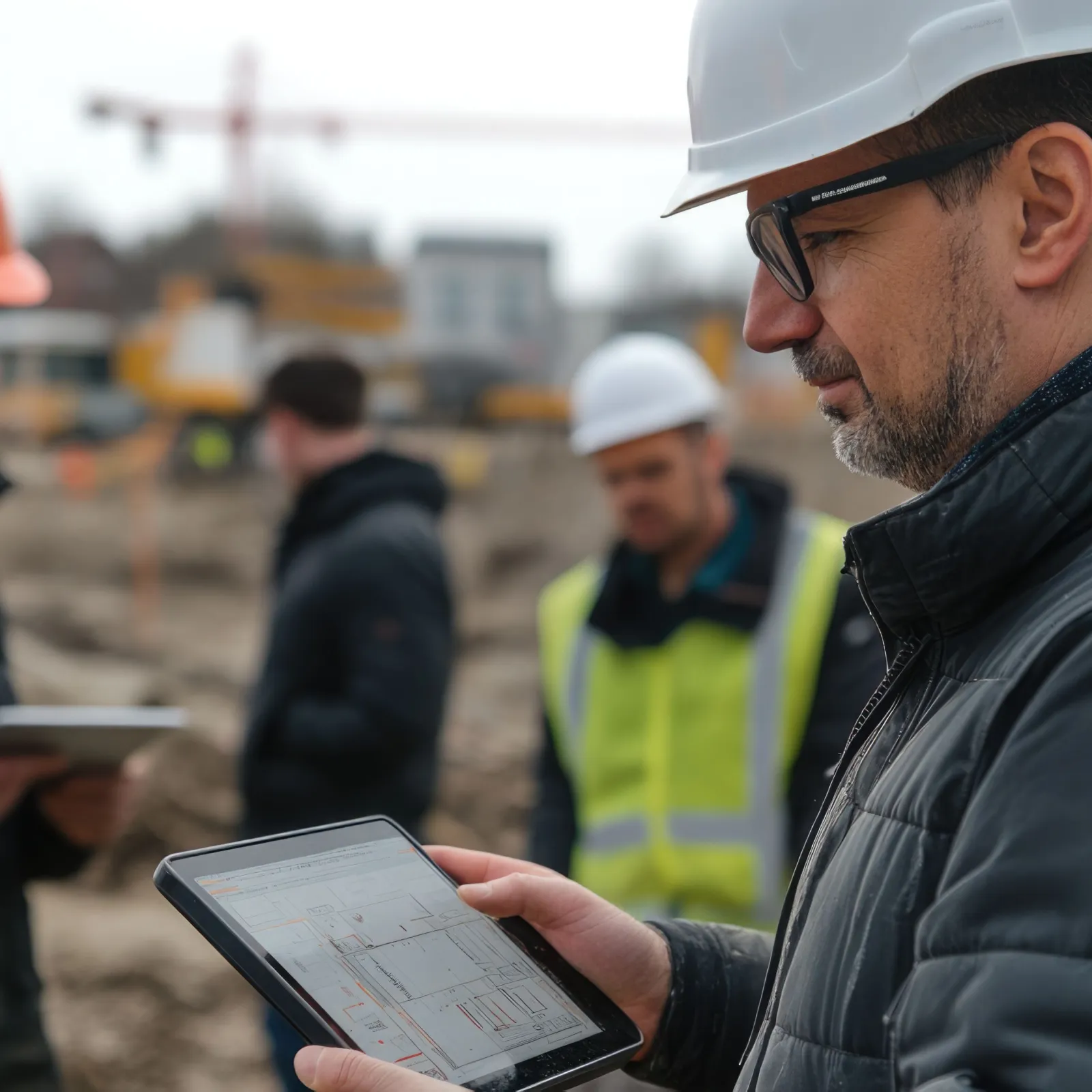 Construction site managers wearing helmets reviewing plans on digital tablets outdoors.