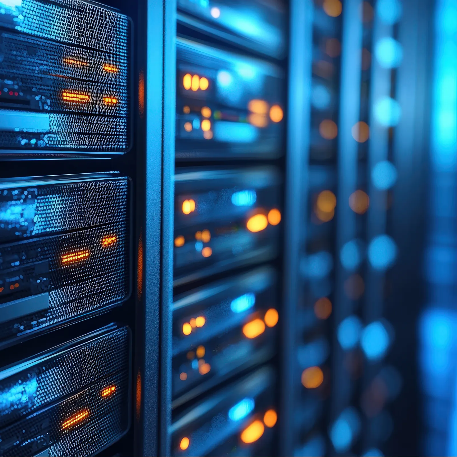 Close-up of illuminated data center servers with glowing orange and blue indicator lights in a dark room.