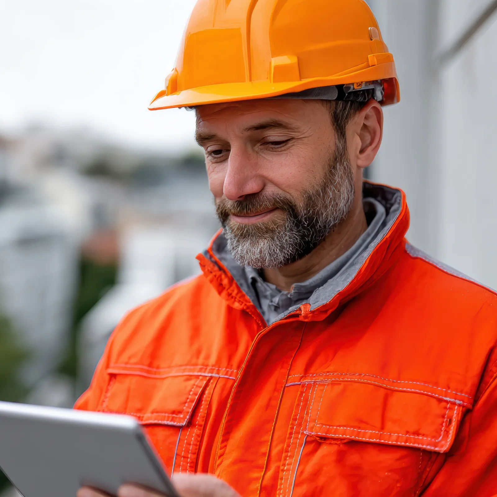 Construction worker in orange safety gear using tablet outdoors near concrete wall with blurred background.
