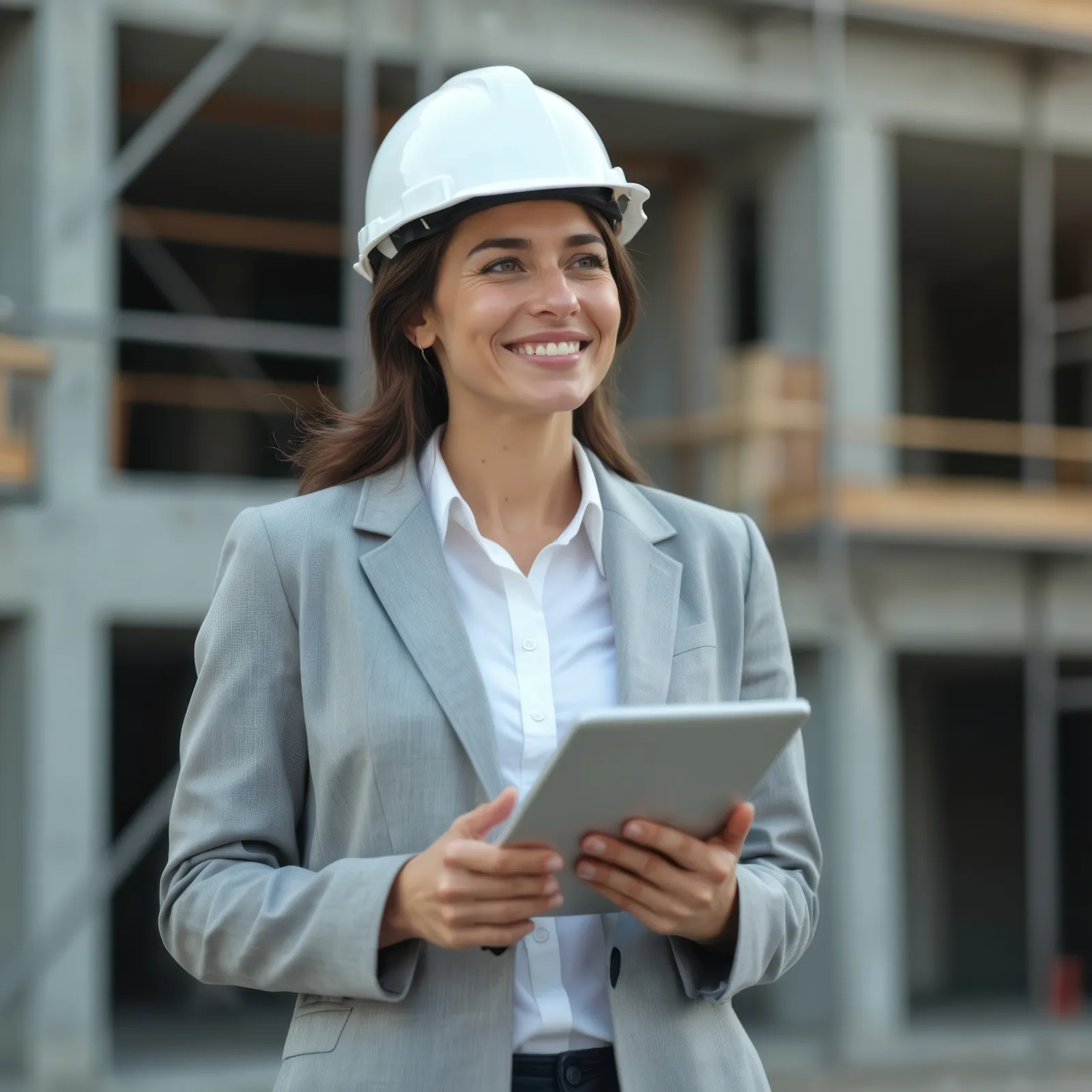 Smiling female engineer in a suit and hard hat holding a tablet at a construction site.