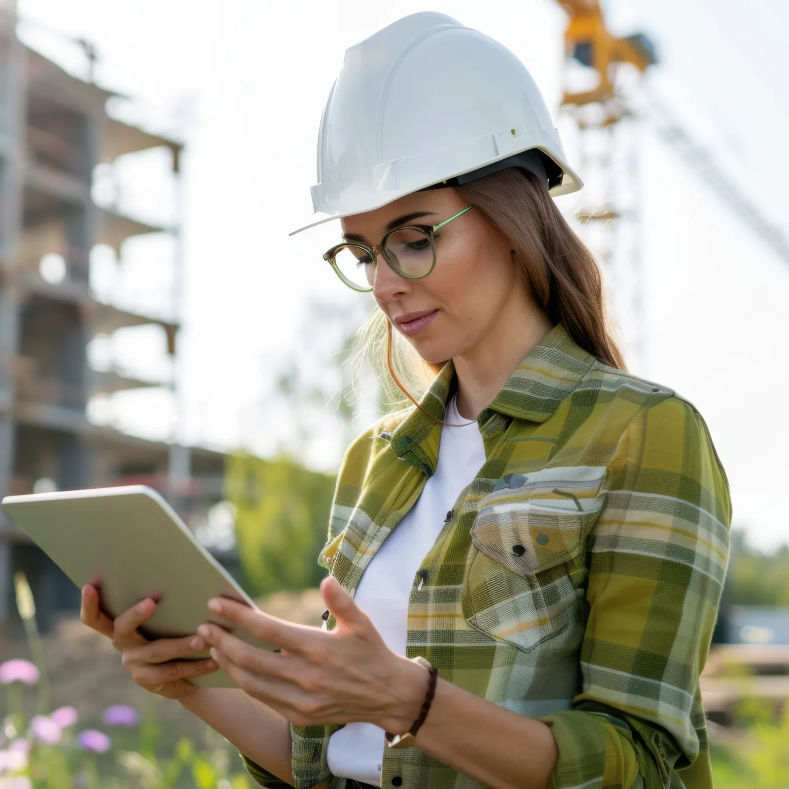 Female engineer wearing a white hard hat and glasses using a tablet at a construction site outdoors.