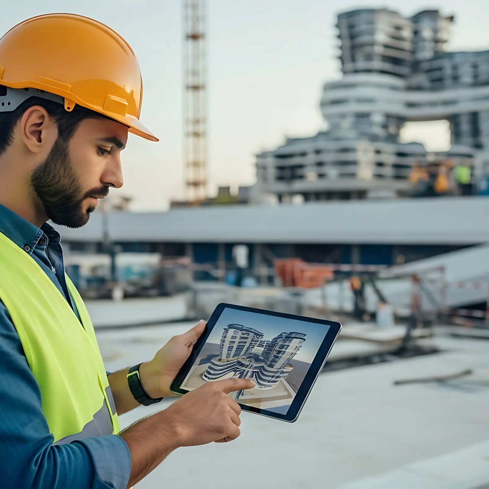 Construction engineer in safety gear reviewing building plans on a tablet at an urban construction site.