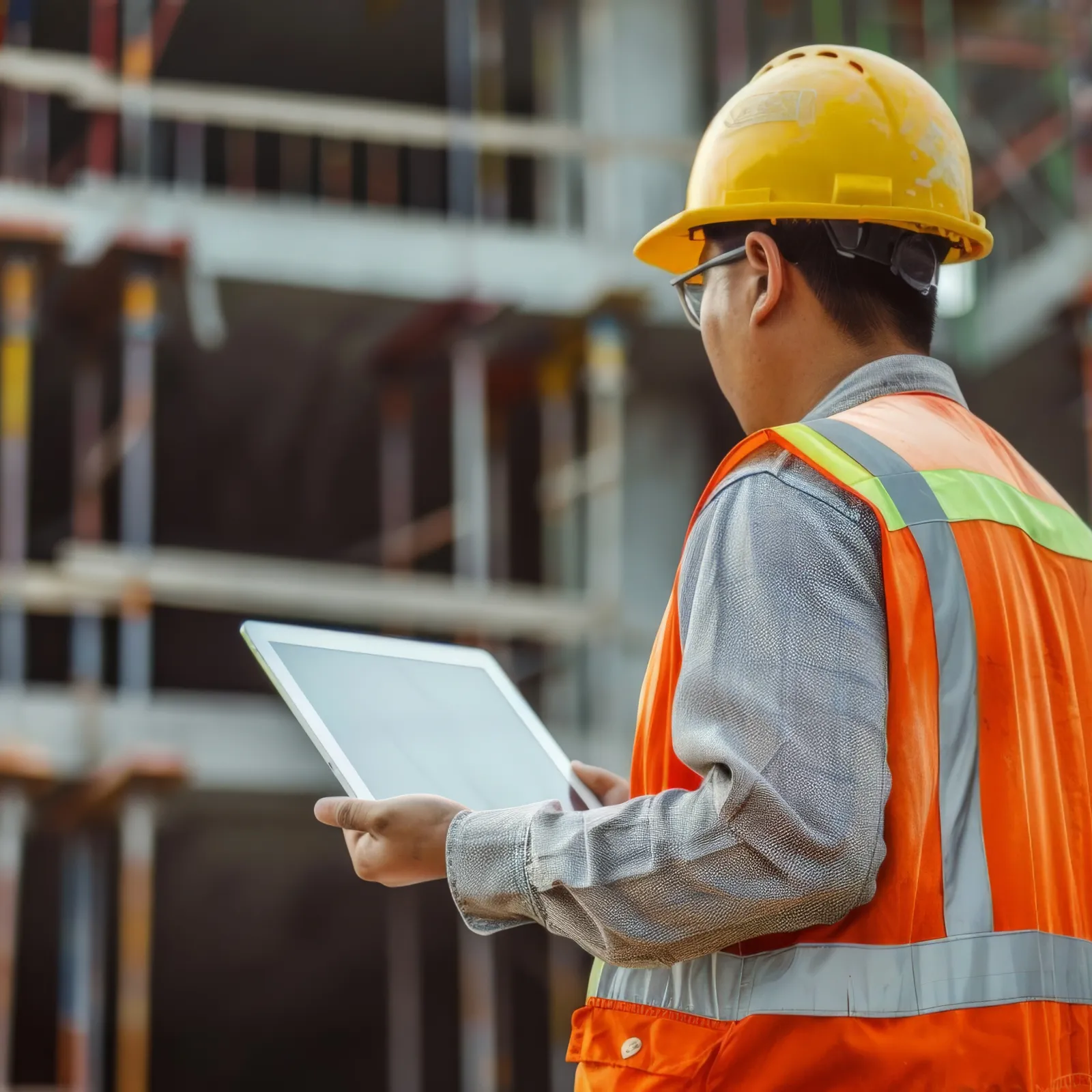 Construction worker in safety gear using tablet on an active building site with scaffolding and concrete.