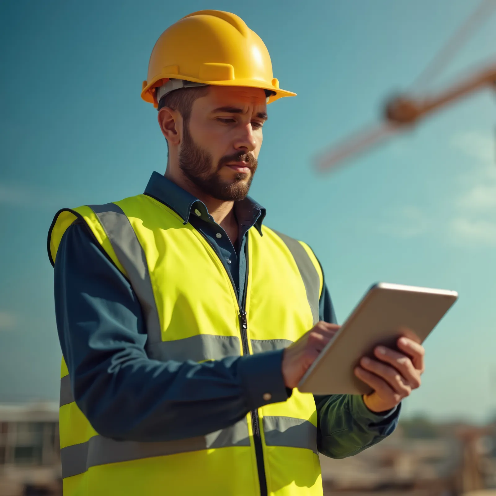 Construction worker in yellow vest and helmet using tablet at a busy building site with cranes in the background.