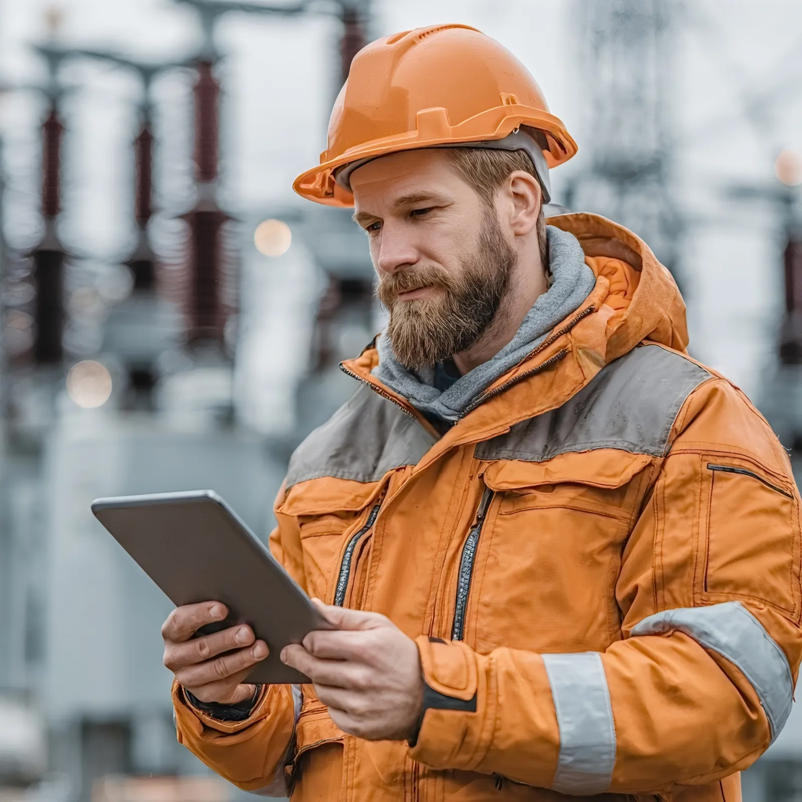 Electrician in orange safety gear and helmet using a tablet at power substation with equipment in background
