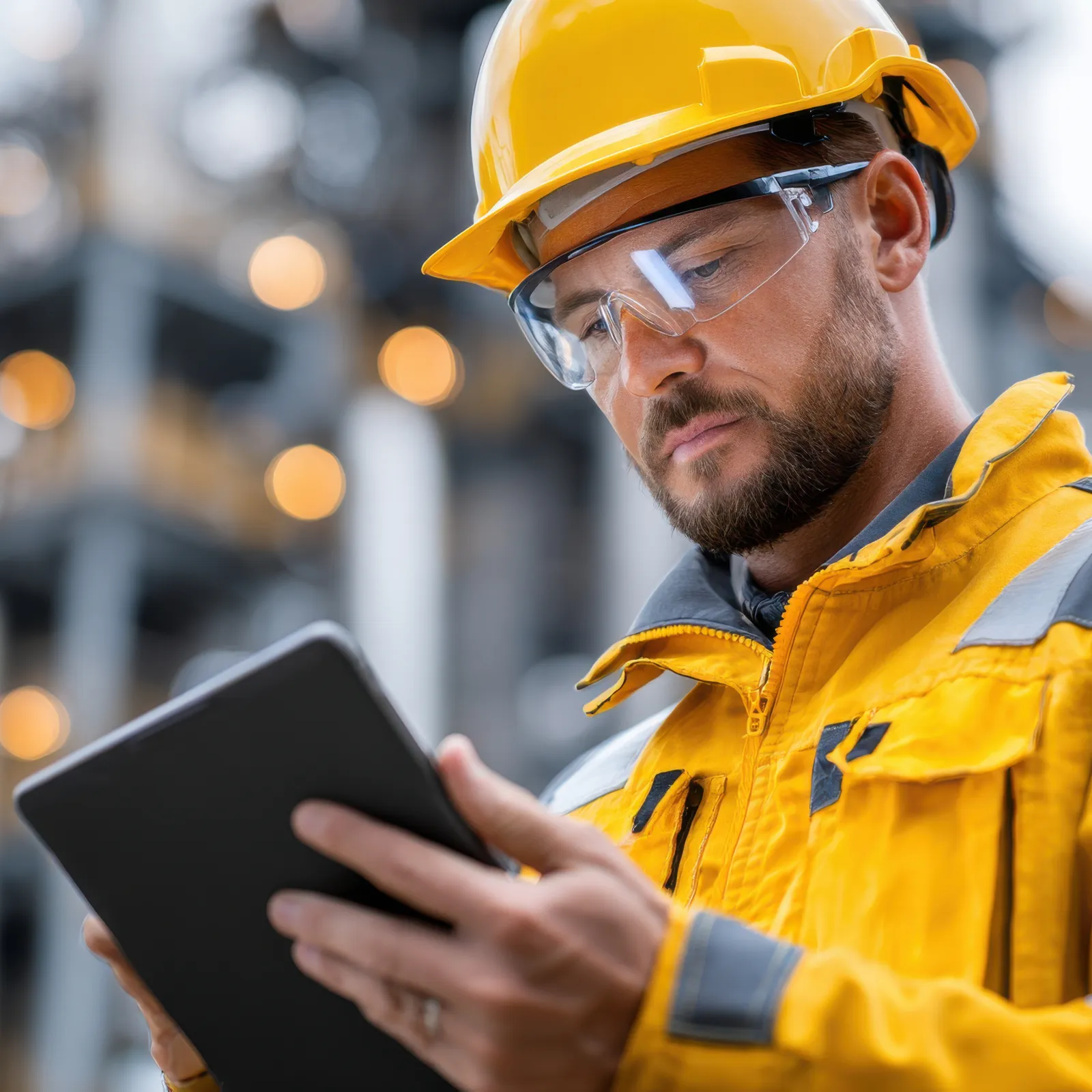 Engineer in yellow safety gear and helmet using a tablet at an industrial construction site with blurred background.