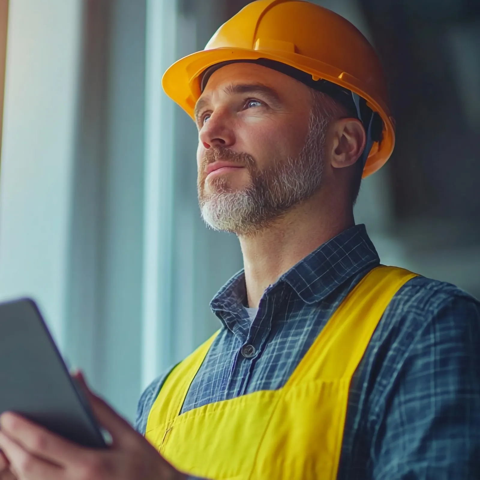 Construction worker in safety helmet and vest using tablet, looking thoughtfully through a window at a building site.
