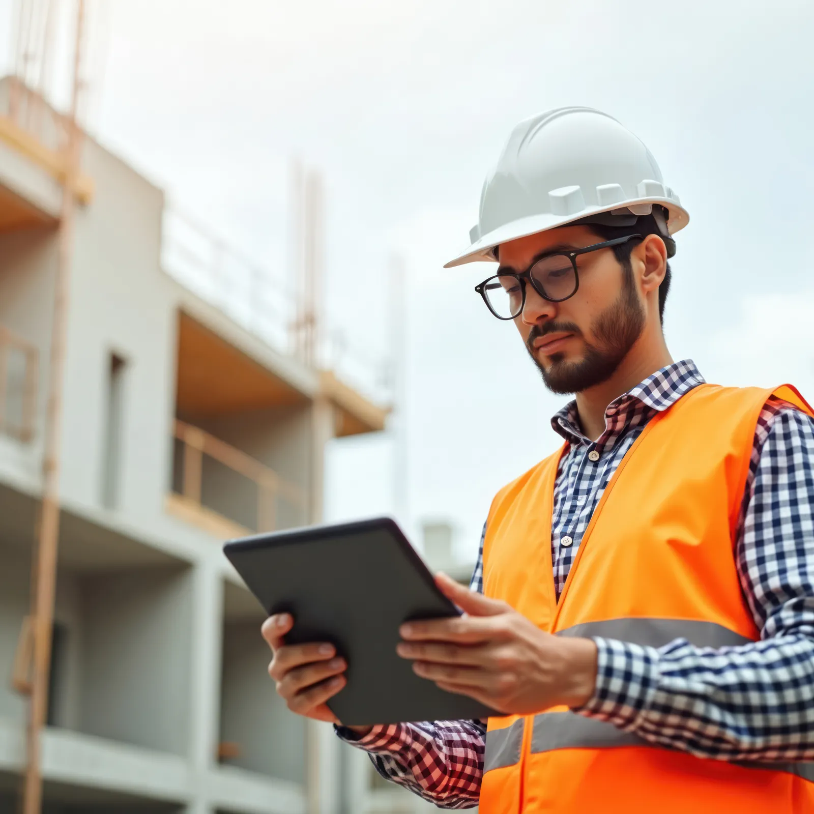 Construction worker in safety vest and helmet using a tablet on a building site under construction.