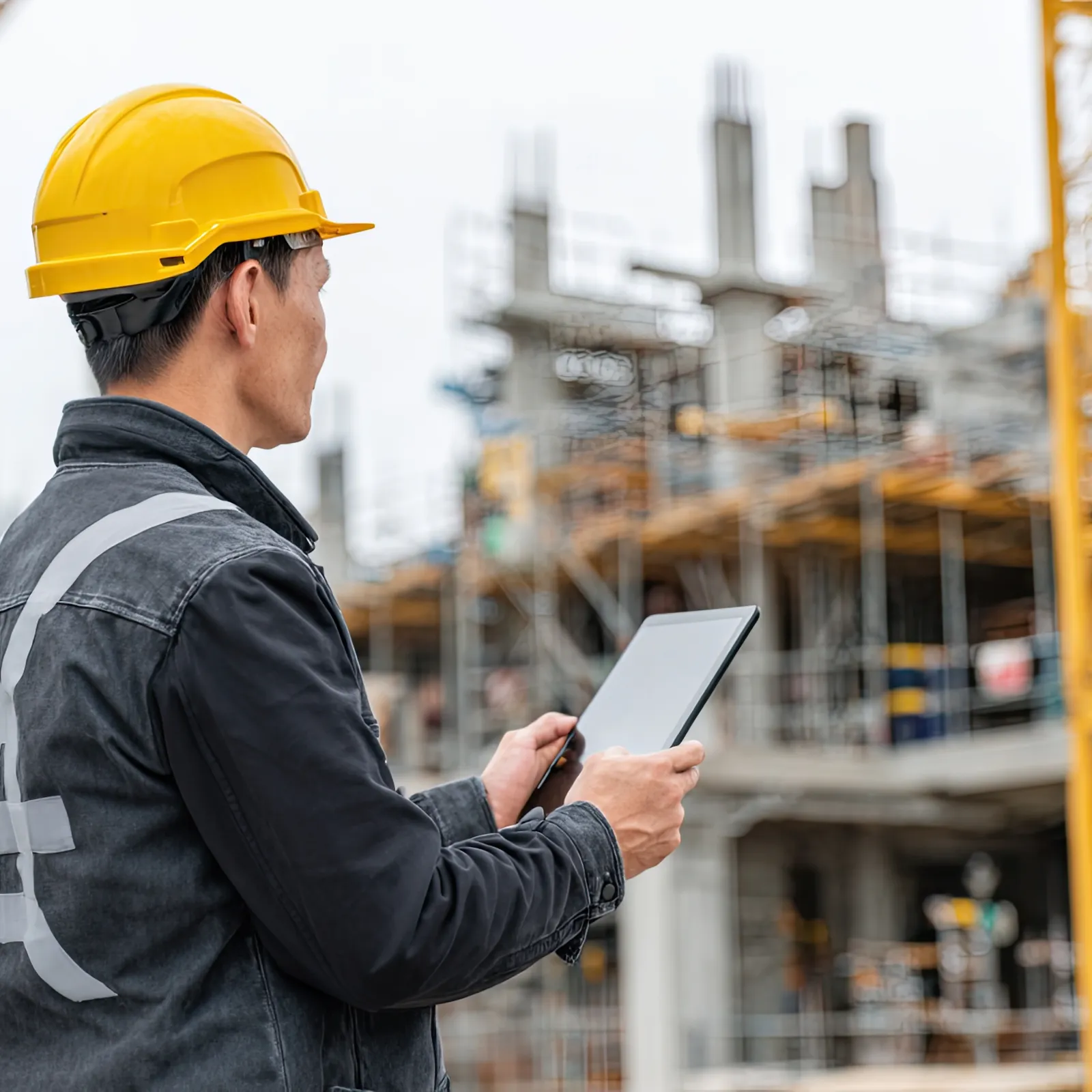 Construction worker with yellow helmet using tablet at active building site with cranes and scaffolding