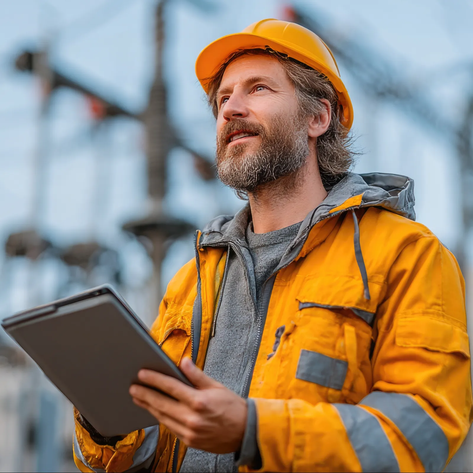 Electrician in safety gear using a tablet while inspecting electrical infrastructure outdoors.