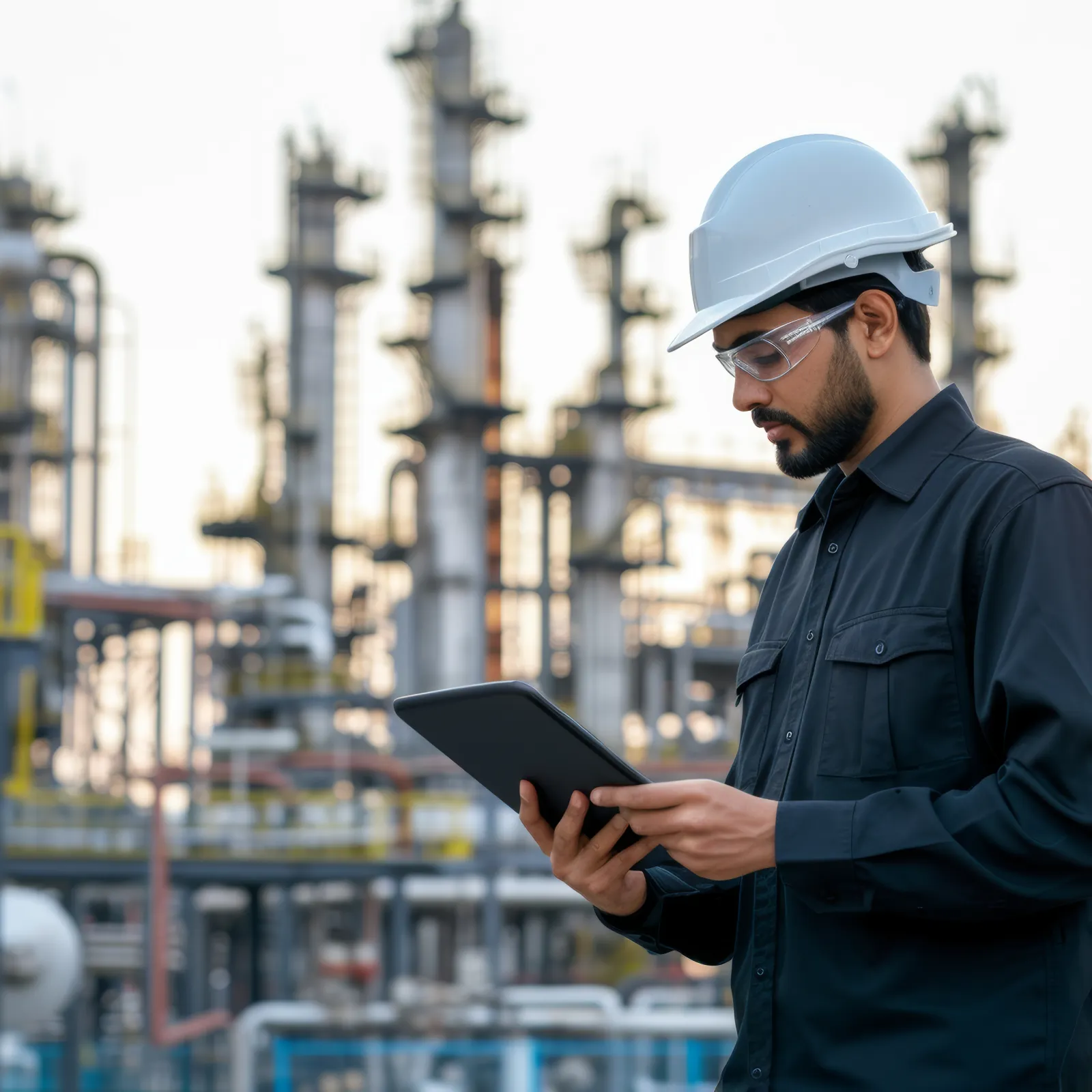 Engineer wearing safety helmet and glasses using tablet at an industrial refinery plant during daytime.