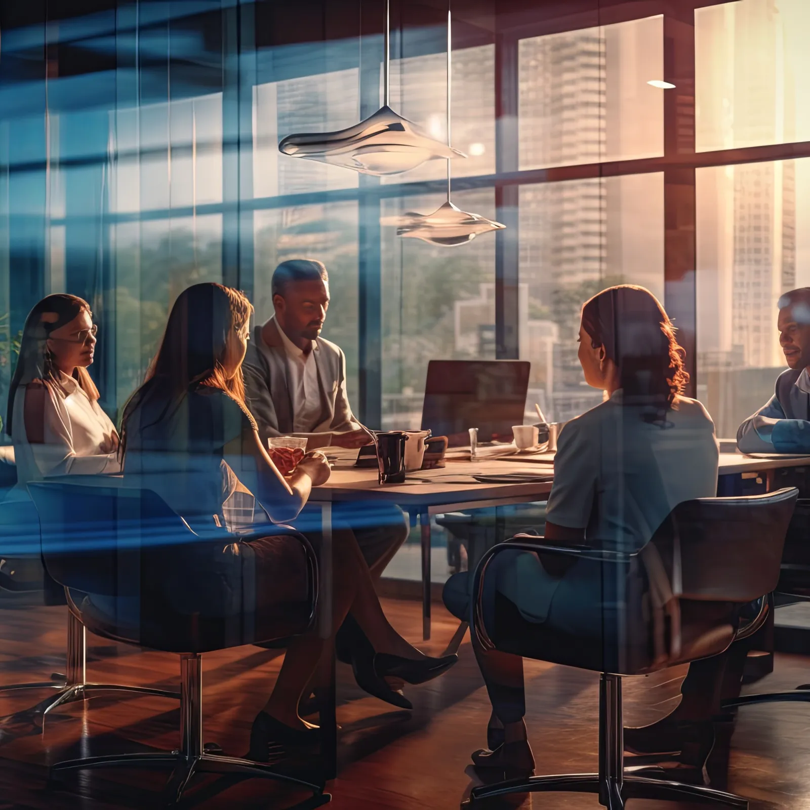 Business team meeting at conference table in modern office with city view at sunset, discussing ideas.