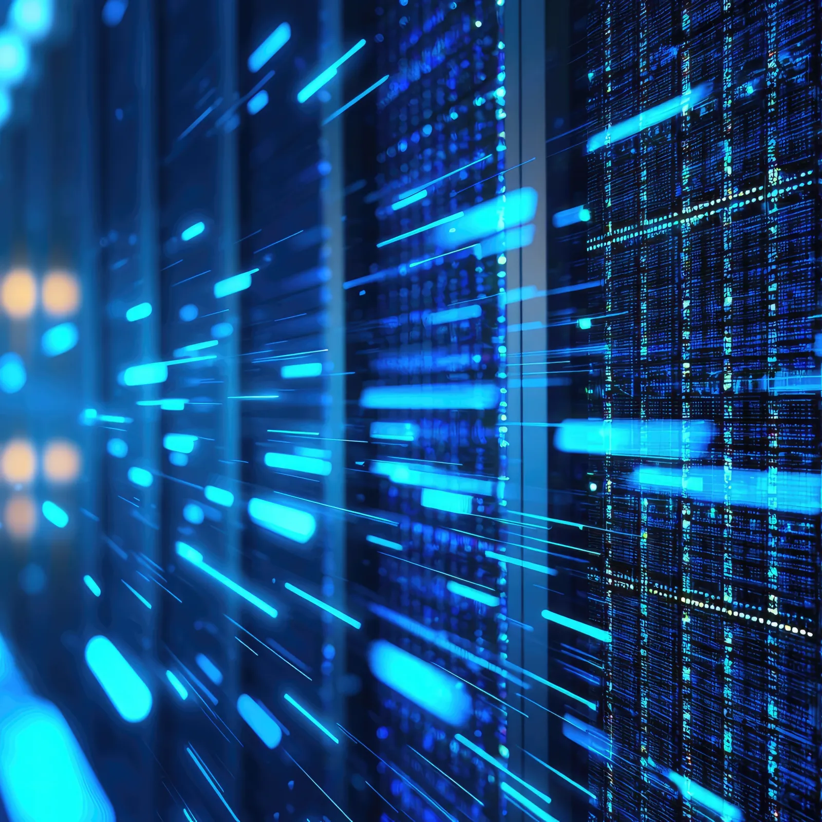 Close-up of glowing blue server racks with data flow visualization representing high-speed network activity.