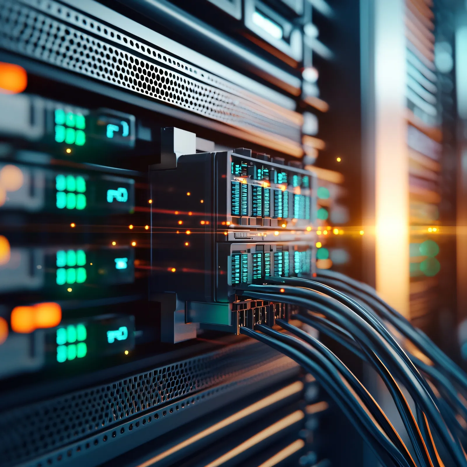 Close-up of server rack with connected network cables and glowing indicator lights in data center.