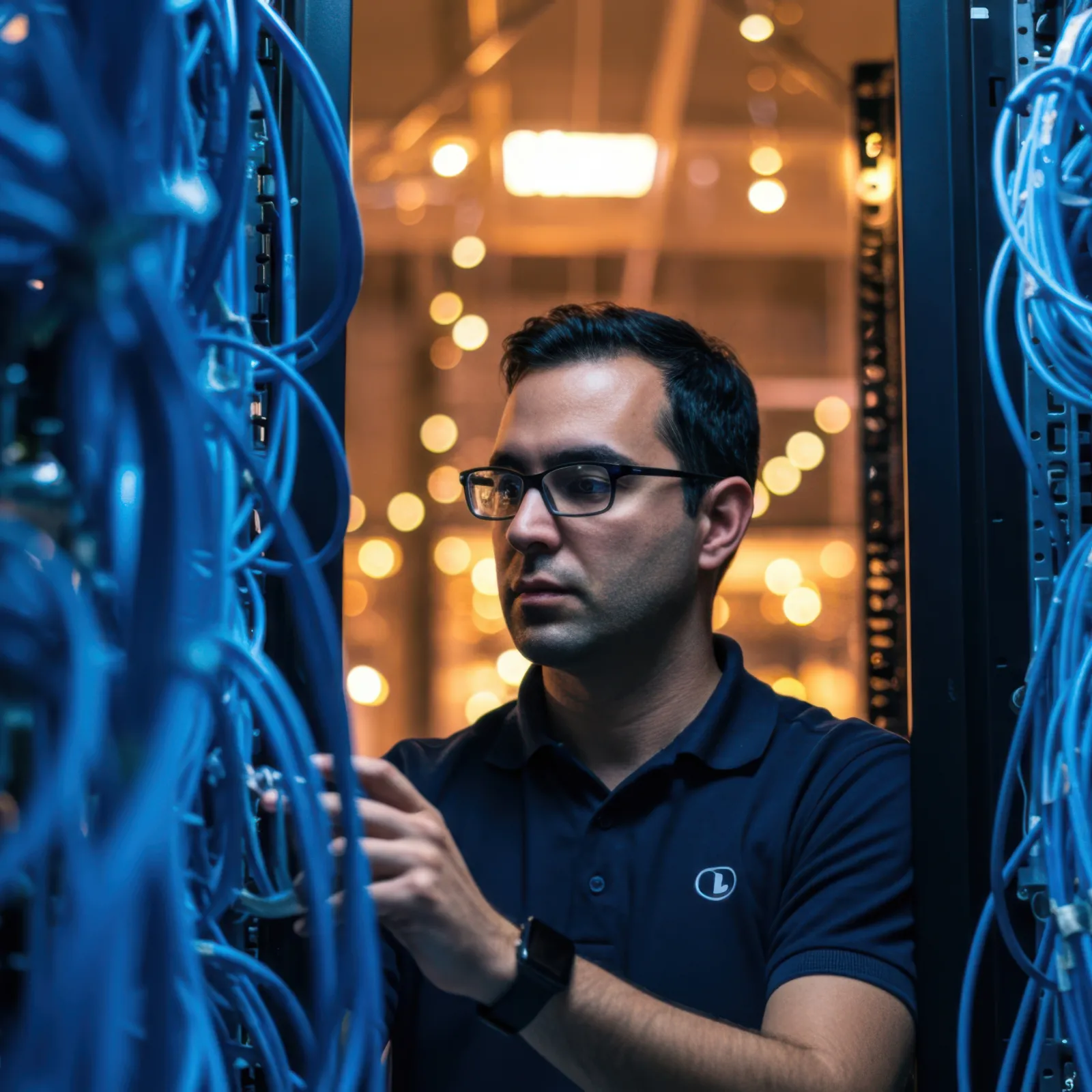 IT technician working on network servers surrounded by blue Ethernet cables in a data center with warm lighting.
