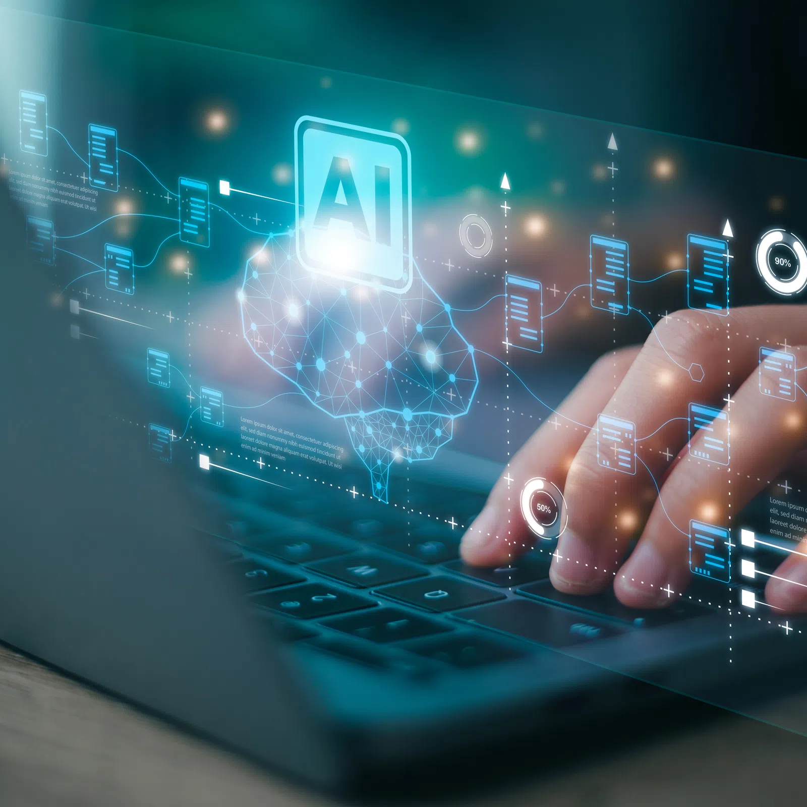 Hands typing on a laptop keyboard with AI brain graphics and digital data overlays representing artificial intelligence.