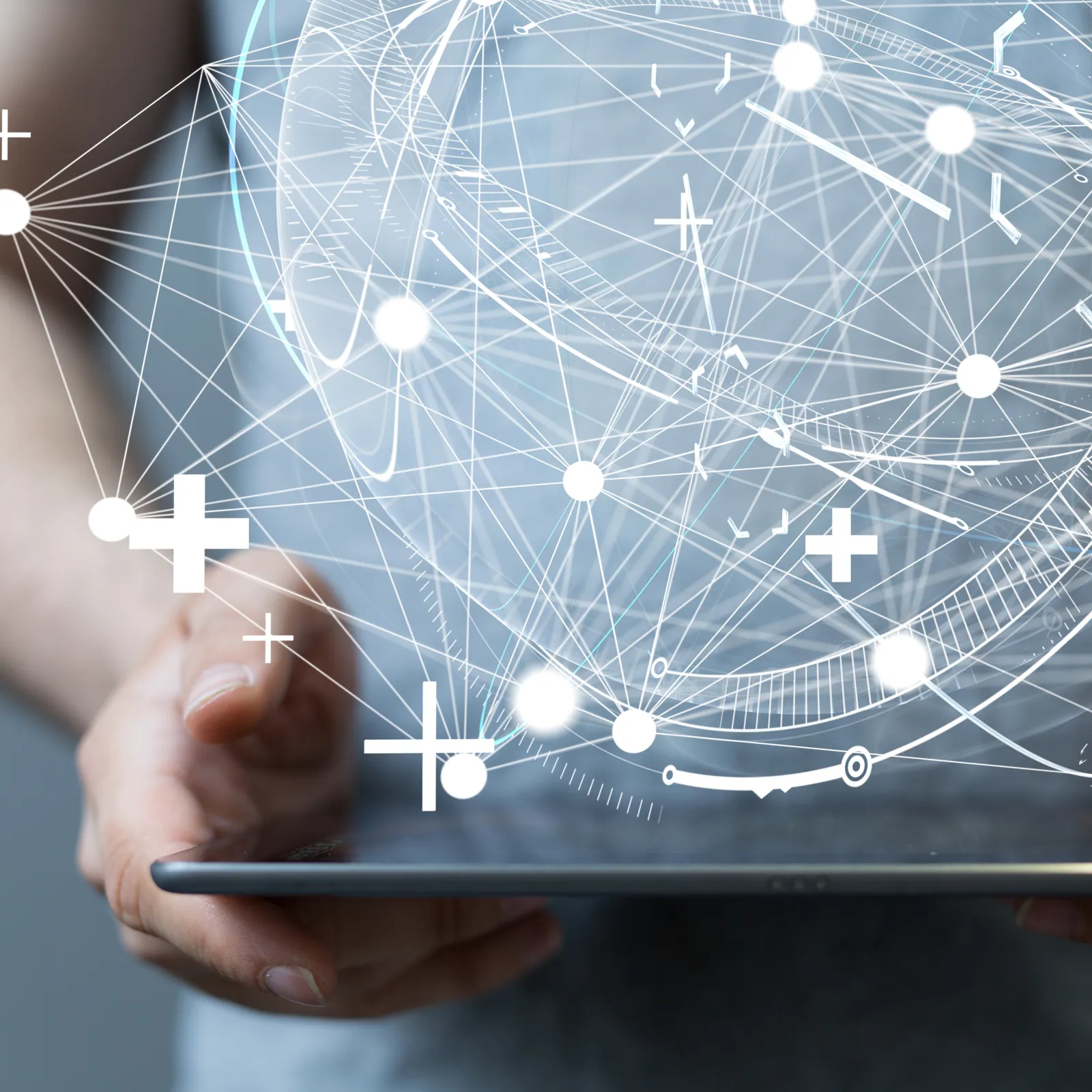 Person holding a tablet with abstract digital connections and data visuals.