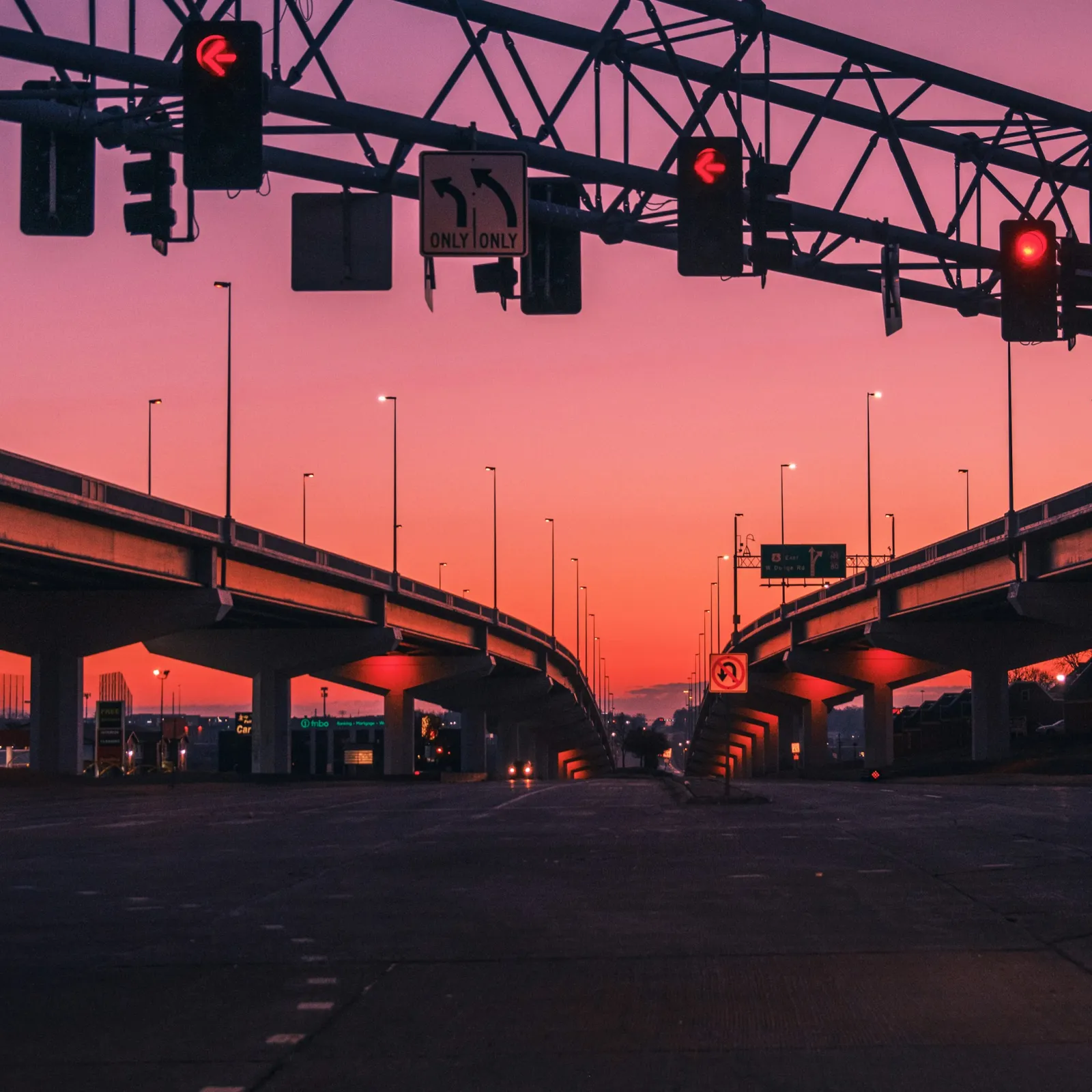 a bridge with red lights