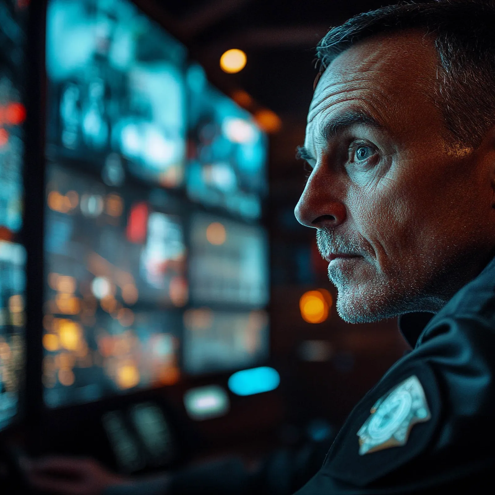Focused security officer monitoring multiple digital screens displaying data and surveillance in a dark control room.