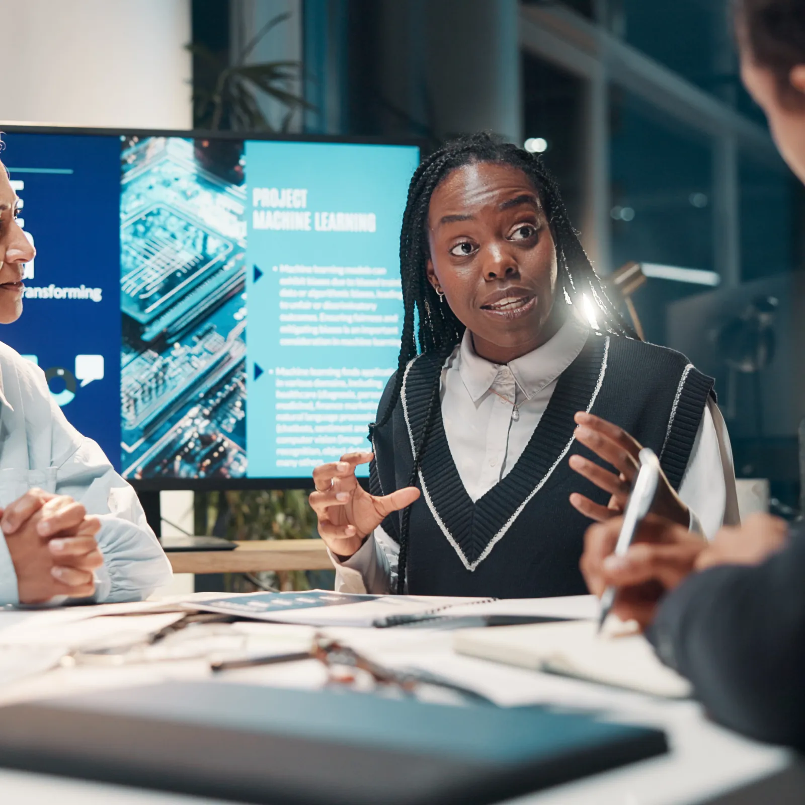 Diverse team discussing a project on machine learning in a modern office with digital screen and documents on table.