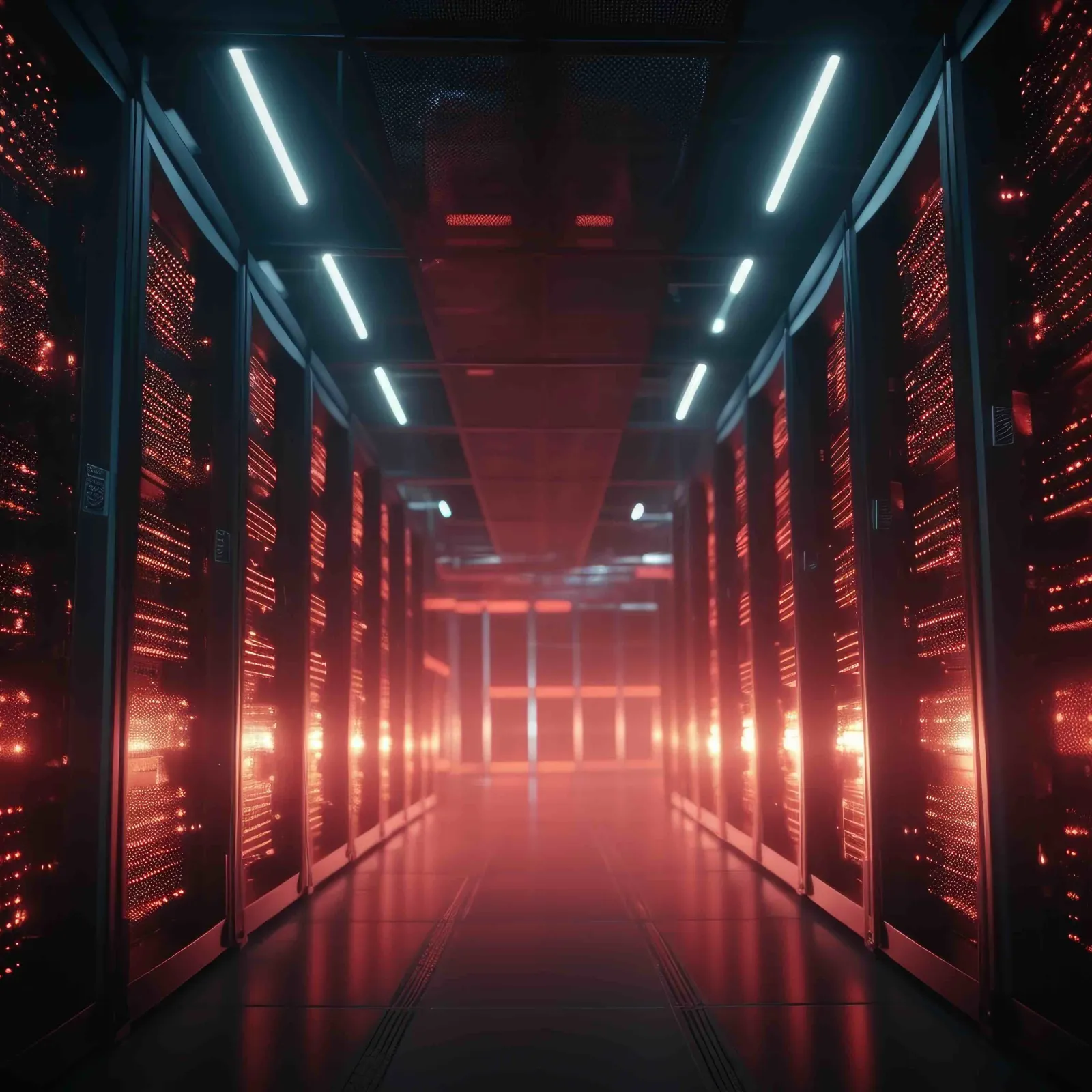 a long hallway with red lights